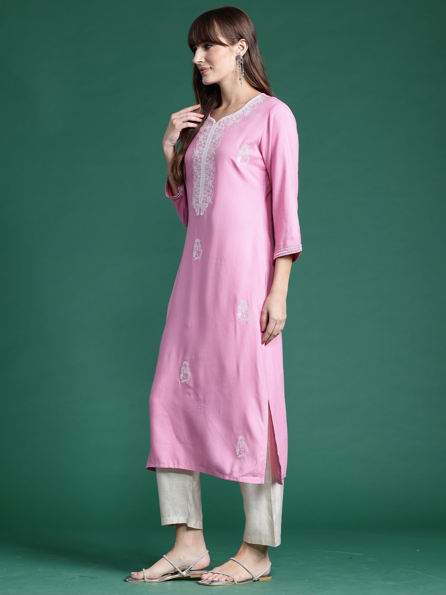 Indo Era Pink Embroidered Straight Kurta