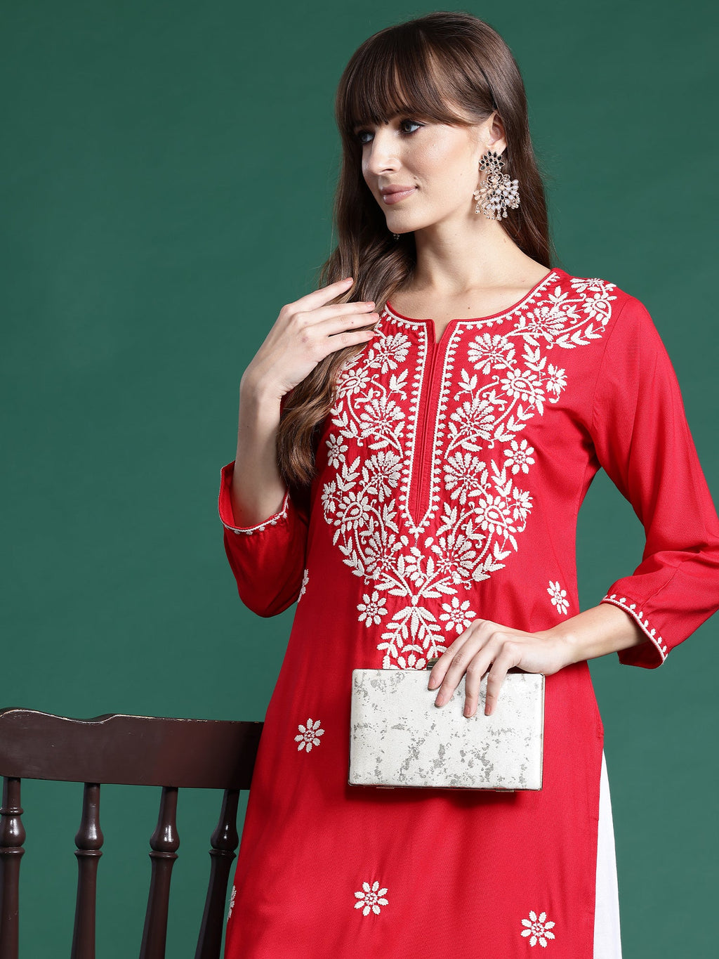 Indo Era Red Embroidered Straight Kurta