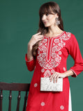 Indo Era Red Embroidered Straight Kurta