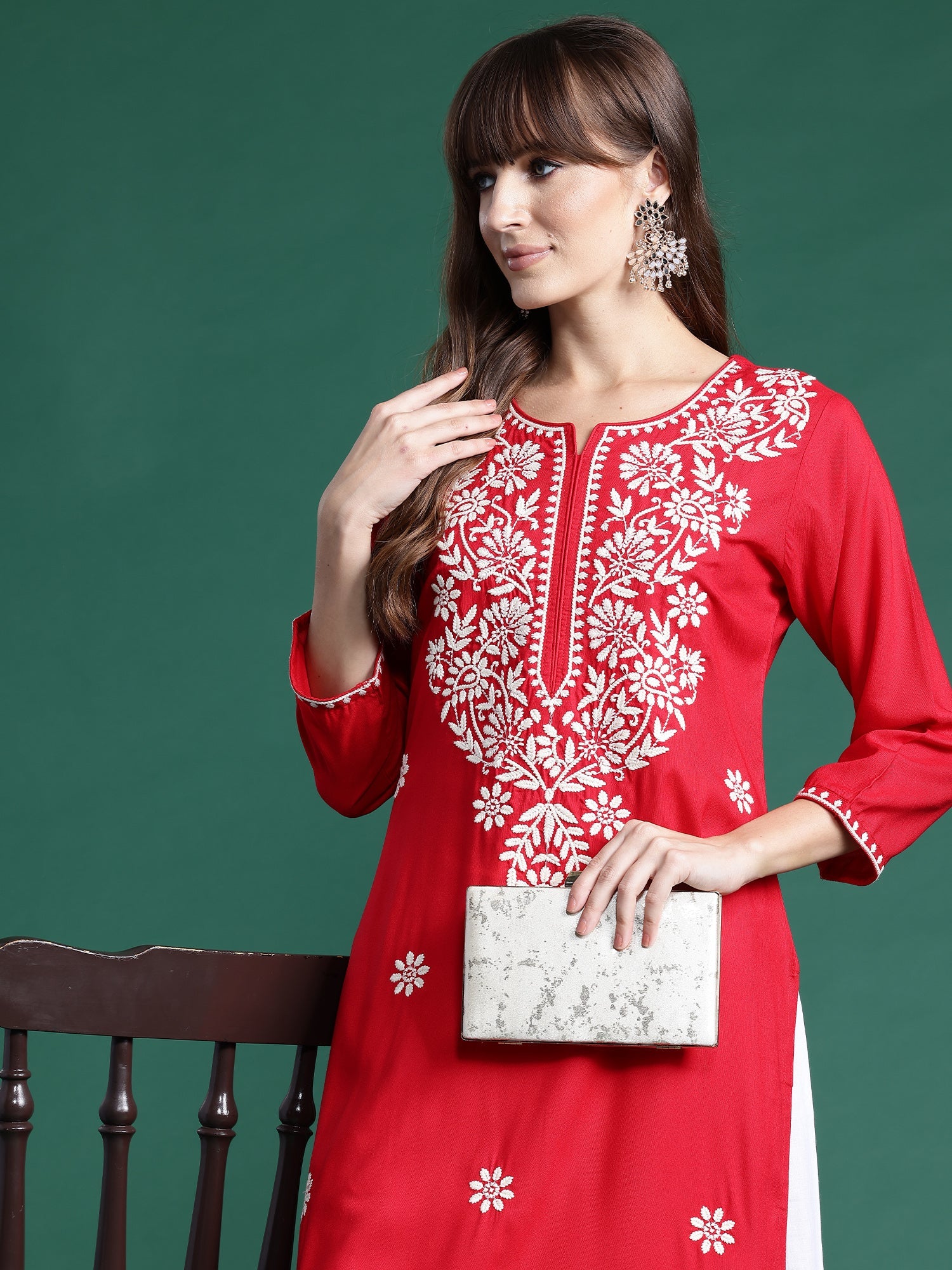 Indo Era Red Embroidered Straight Kurta