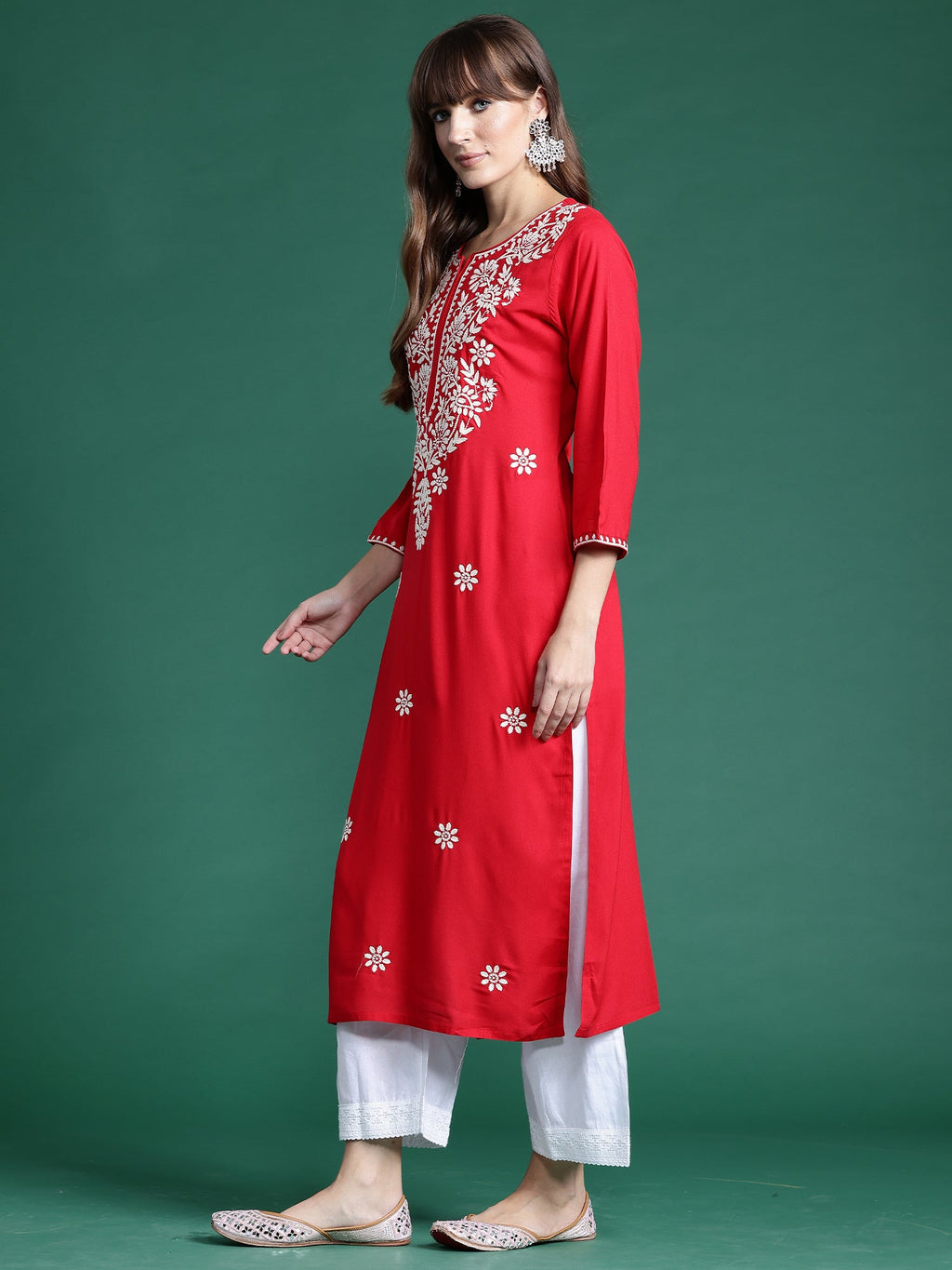 Indo Era Red Embroidered Straight Kurta