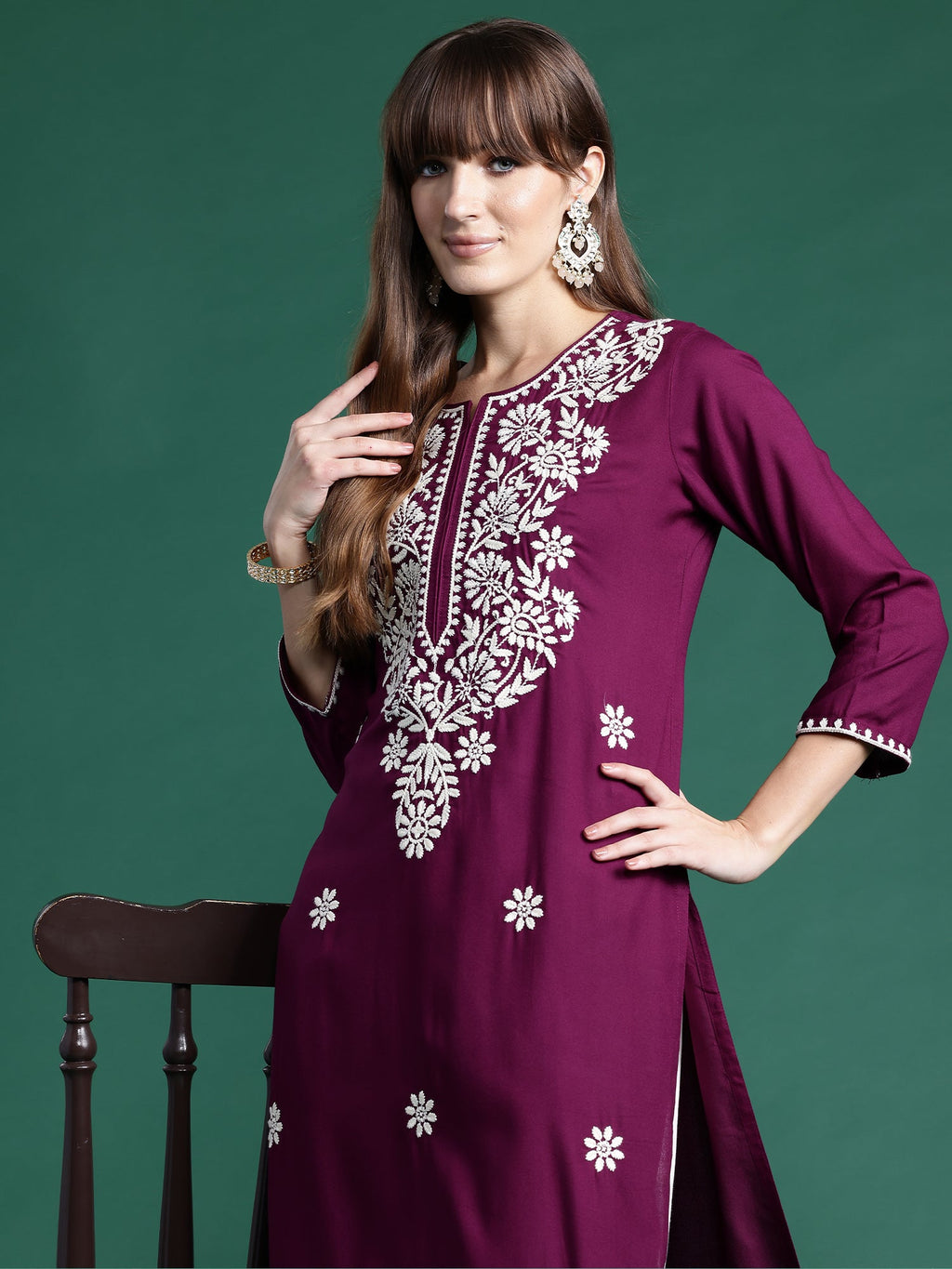Indo Era Burgundy Embroidered Straight Kurta