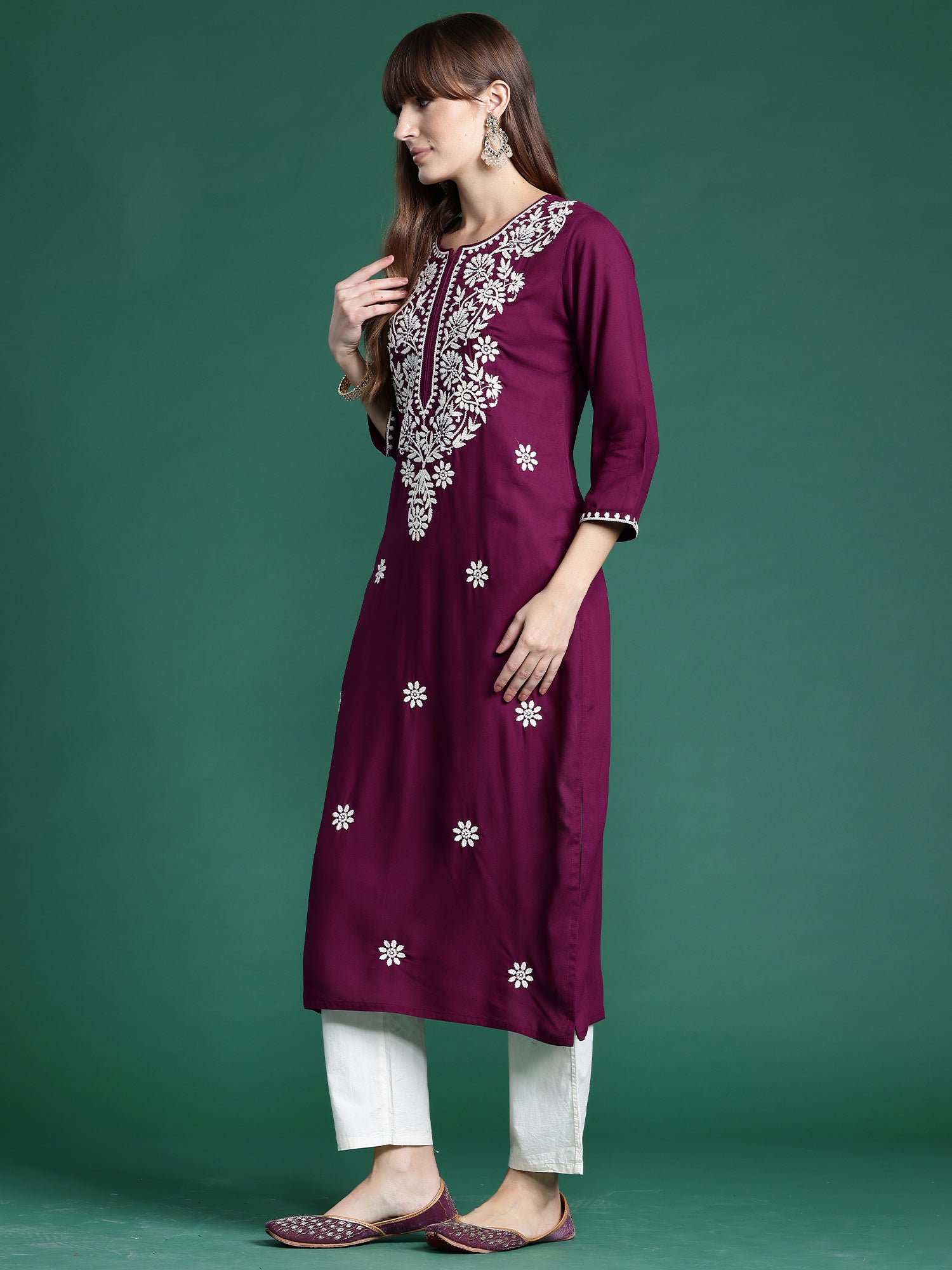 Indo Era Burgundy Embroidered Straight Kurta