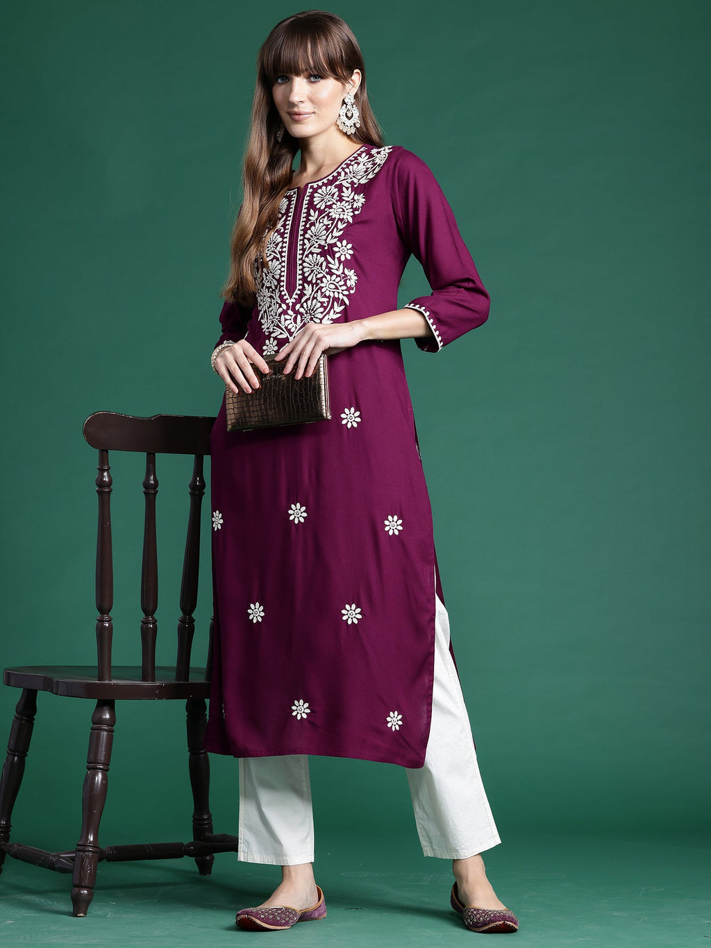 Indo Era Burgundy Embroidered Straight Kurta