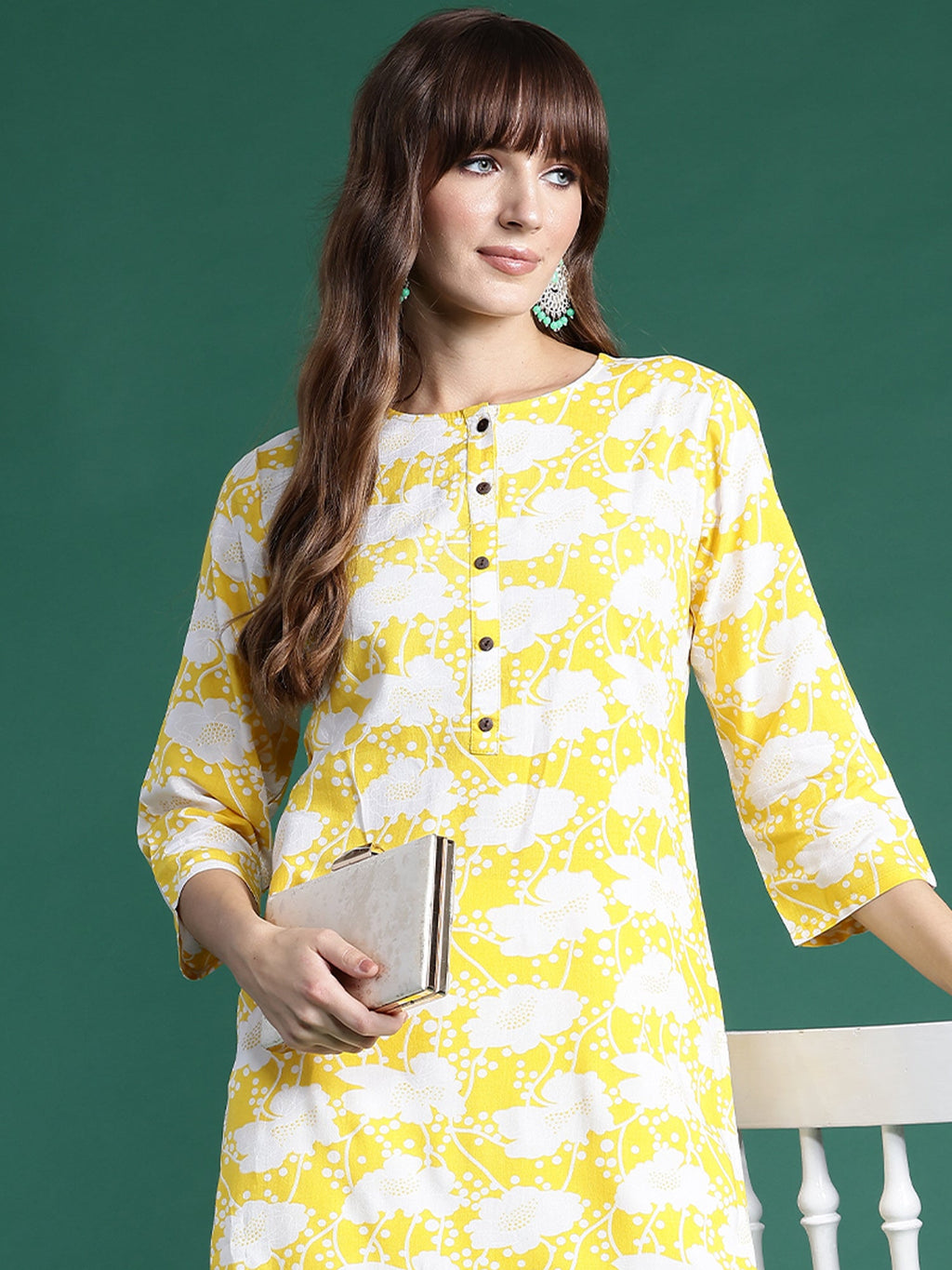 Indo Era Yellow Printed Straight Kurta