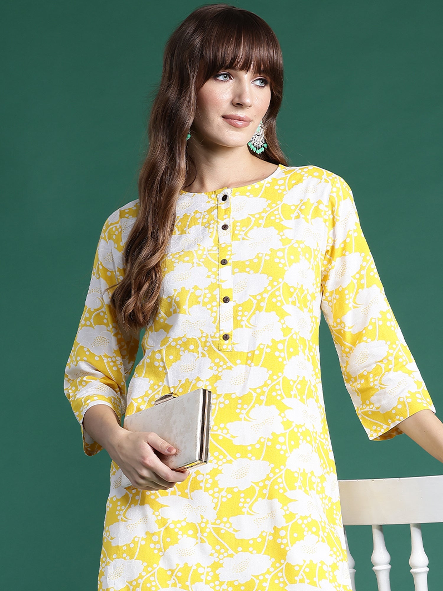 Indo Era Yellow Printed Straight Kurta