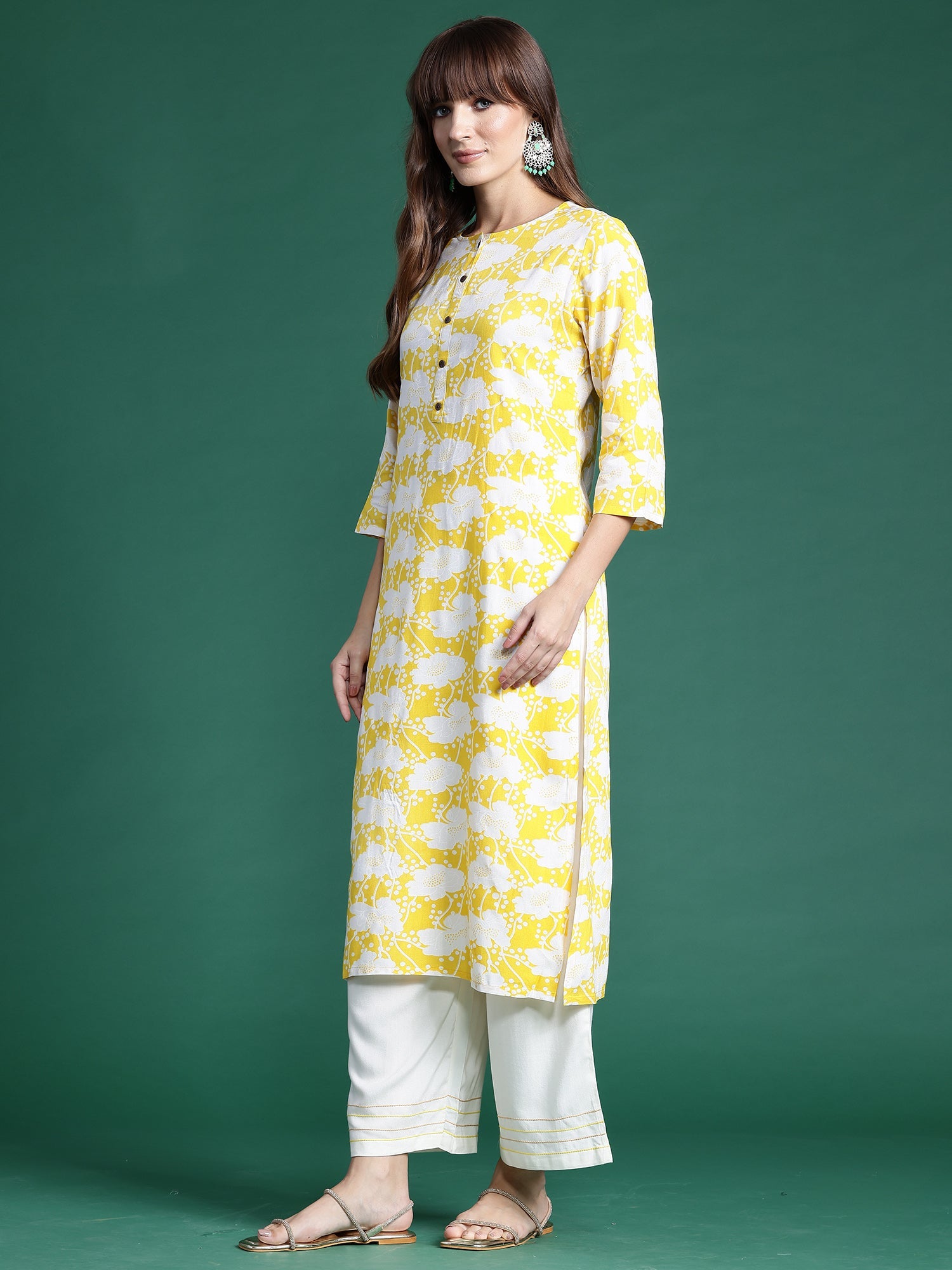 Indo Era Yellow Printed Straight Kurta