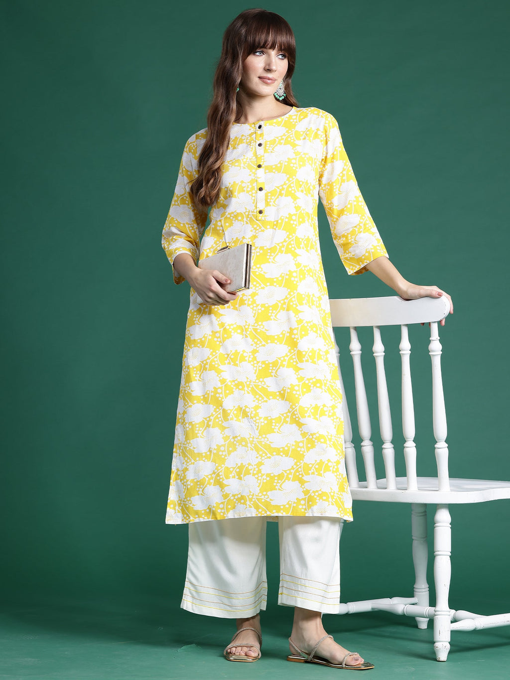 Indo Era Yellow Printed Straight Kurta