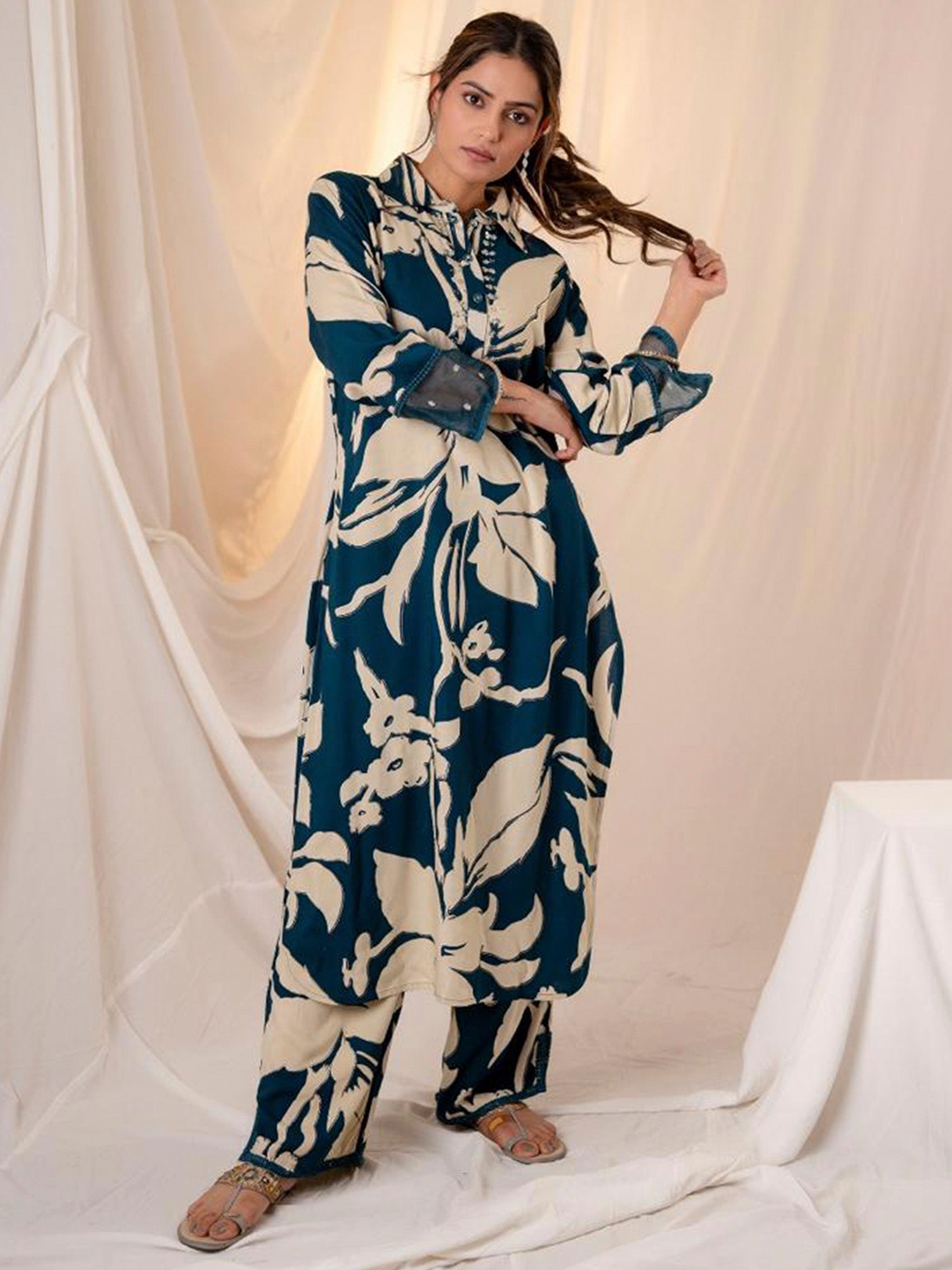 Indo Era Teal Printed Straight Kurta Trousers set