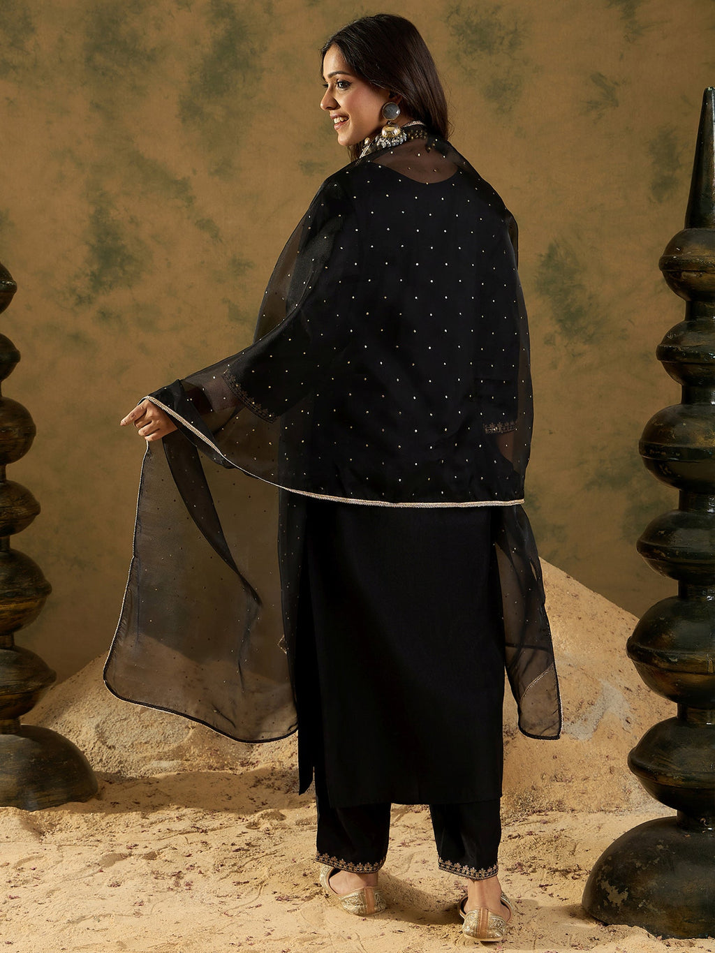 Indo Era Black Embroidered Straight Kurta Trousers With Dupatta Set