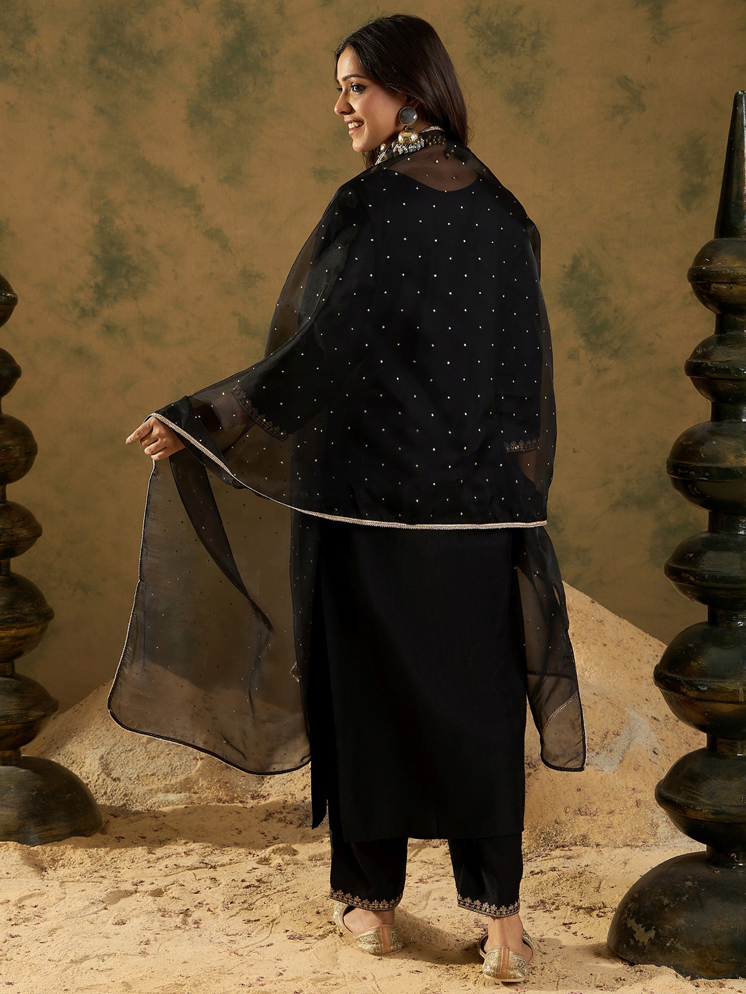 Indo Era Black Embroidered Straight Kurta Trousers With Dupatta Set