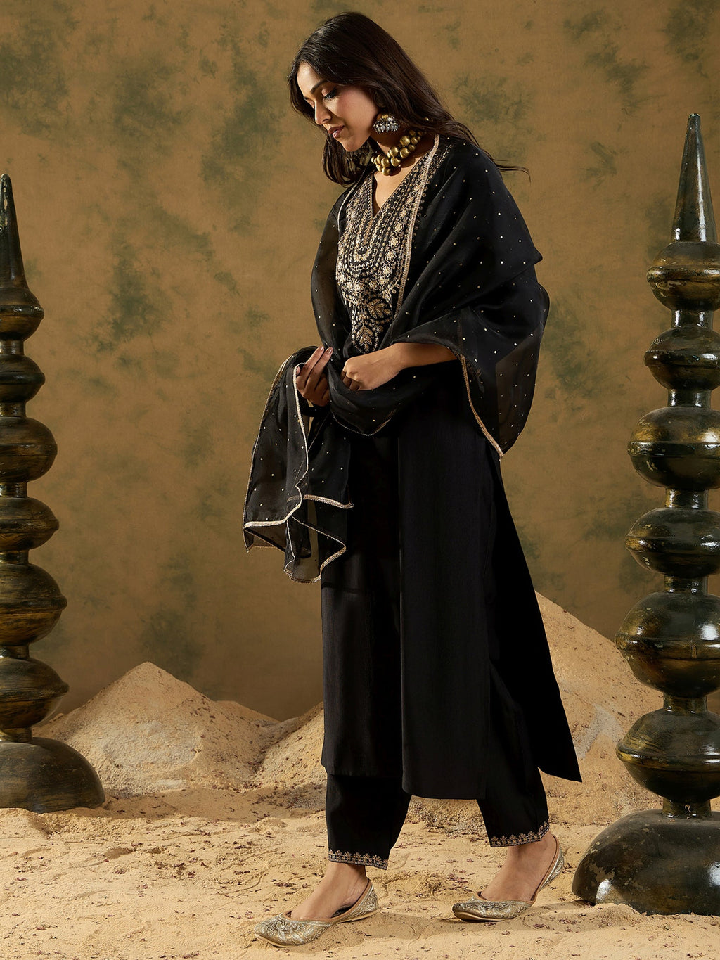 Indo Era Black Embroidered Straight Kurta Trousers With Dupatta Set