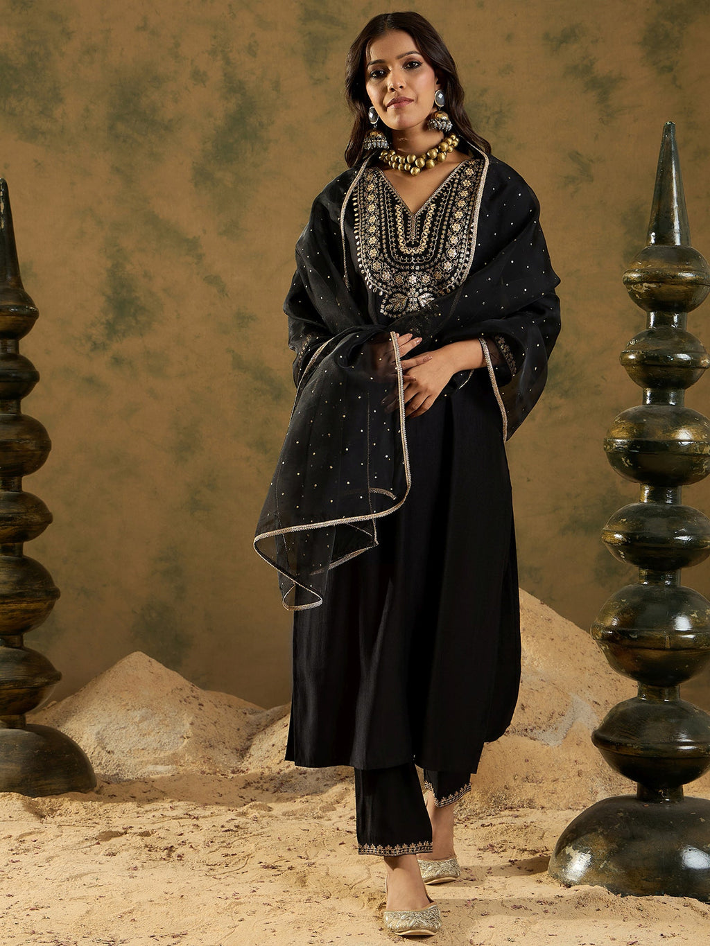 Indo Era Black Embroidered Straight Kurta Trousers With Dupatta Set