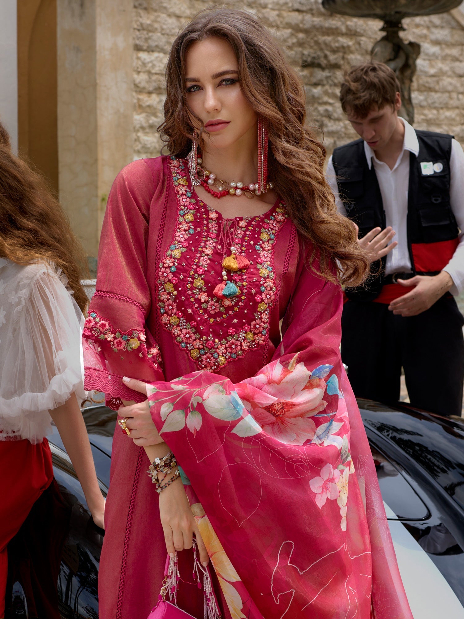 Indo Era Pink Embroidered A-Line Kurta Trousers With Dupatta Set