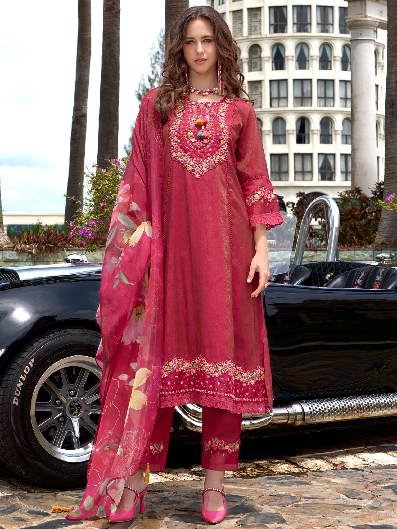 Indo Era Pink Embroidered A-Line Kurta Trousers With Dupatta Set