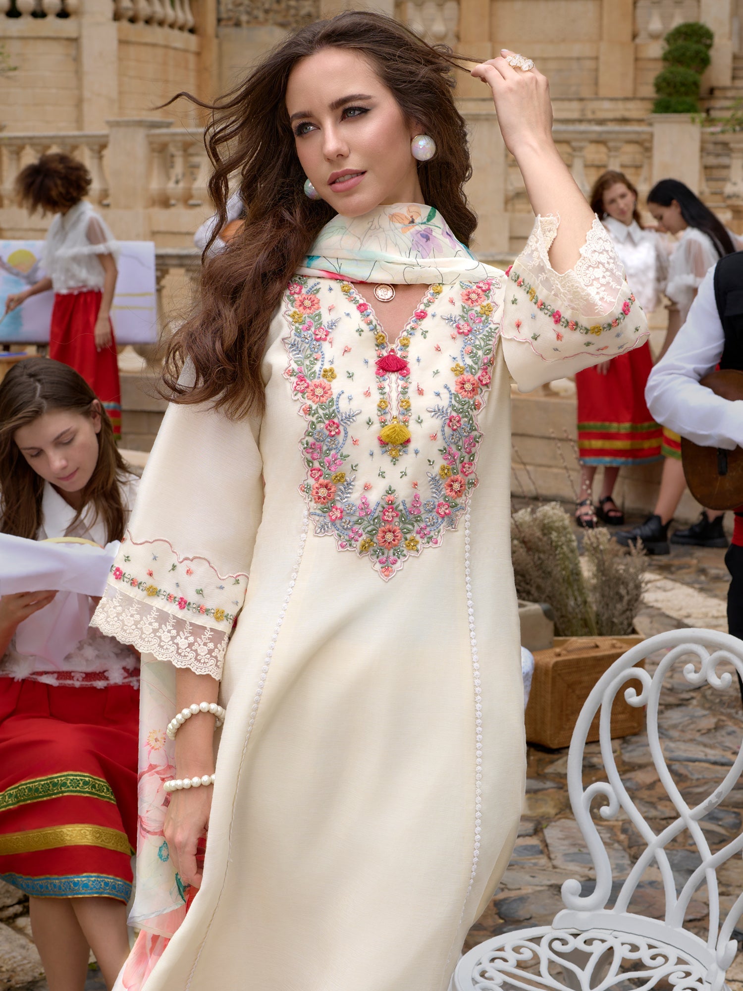 Indo Era Off White Embroidered A-Line Kurta Trousers With Dupatta Set