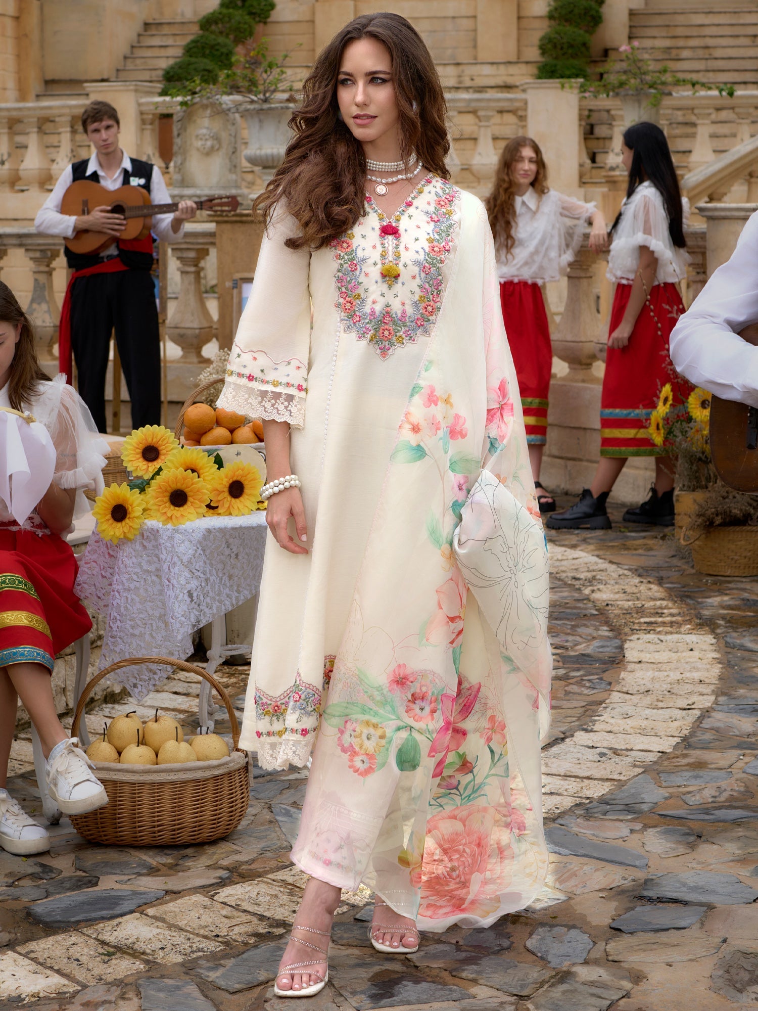 Indo Era Off White Embroidered A-Line Kurta Trousers With Dupatta Set