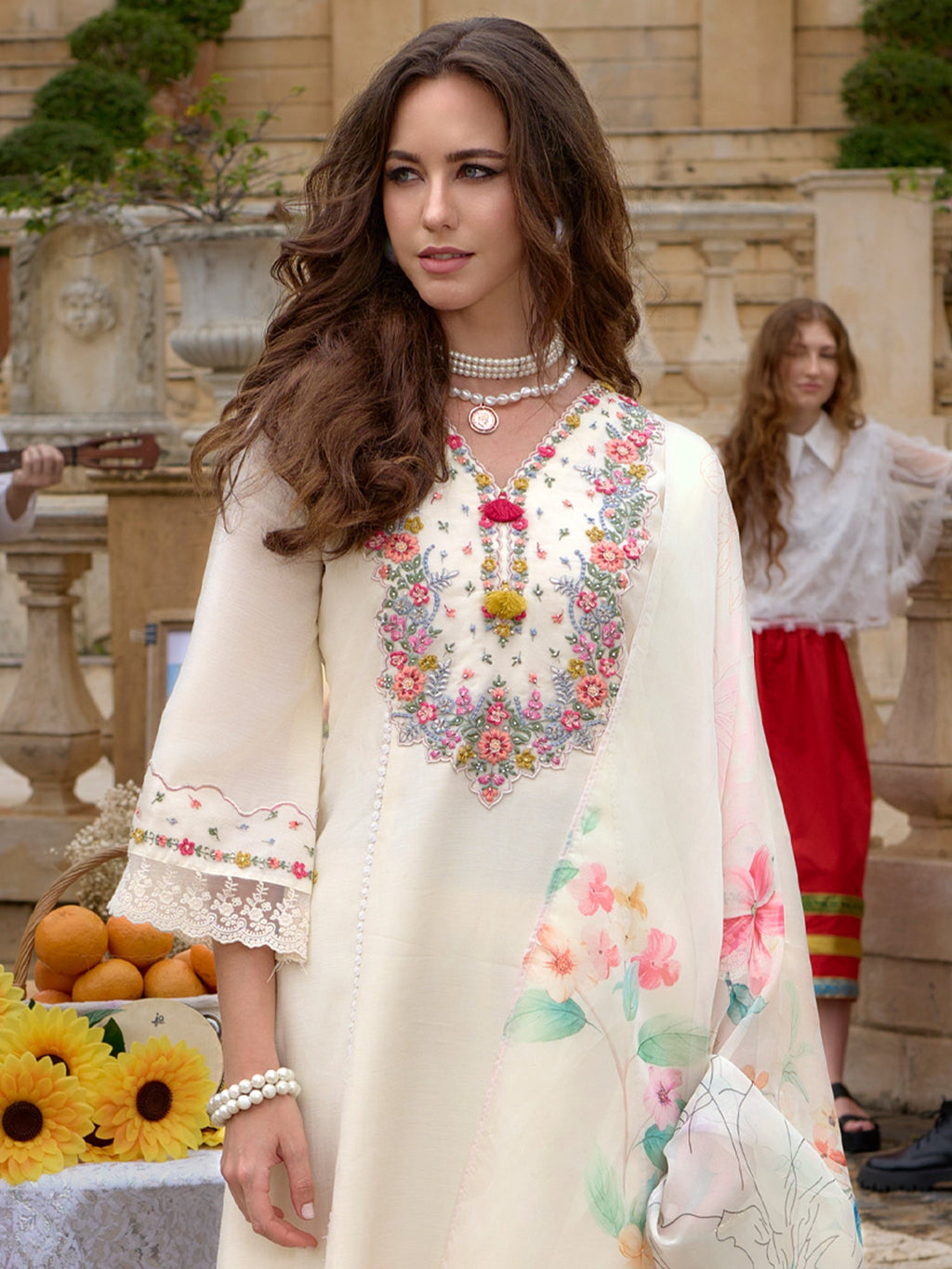 Indo Era Off White Embroidered A-Line Kurta Trousers With Dupatta Set