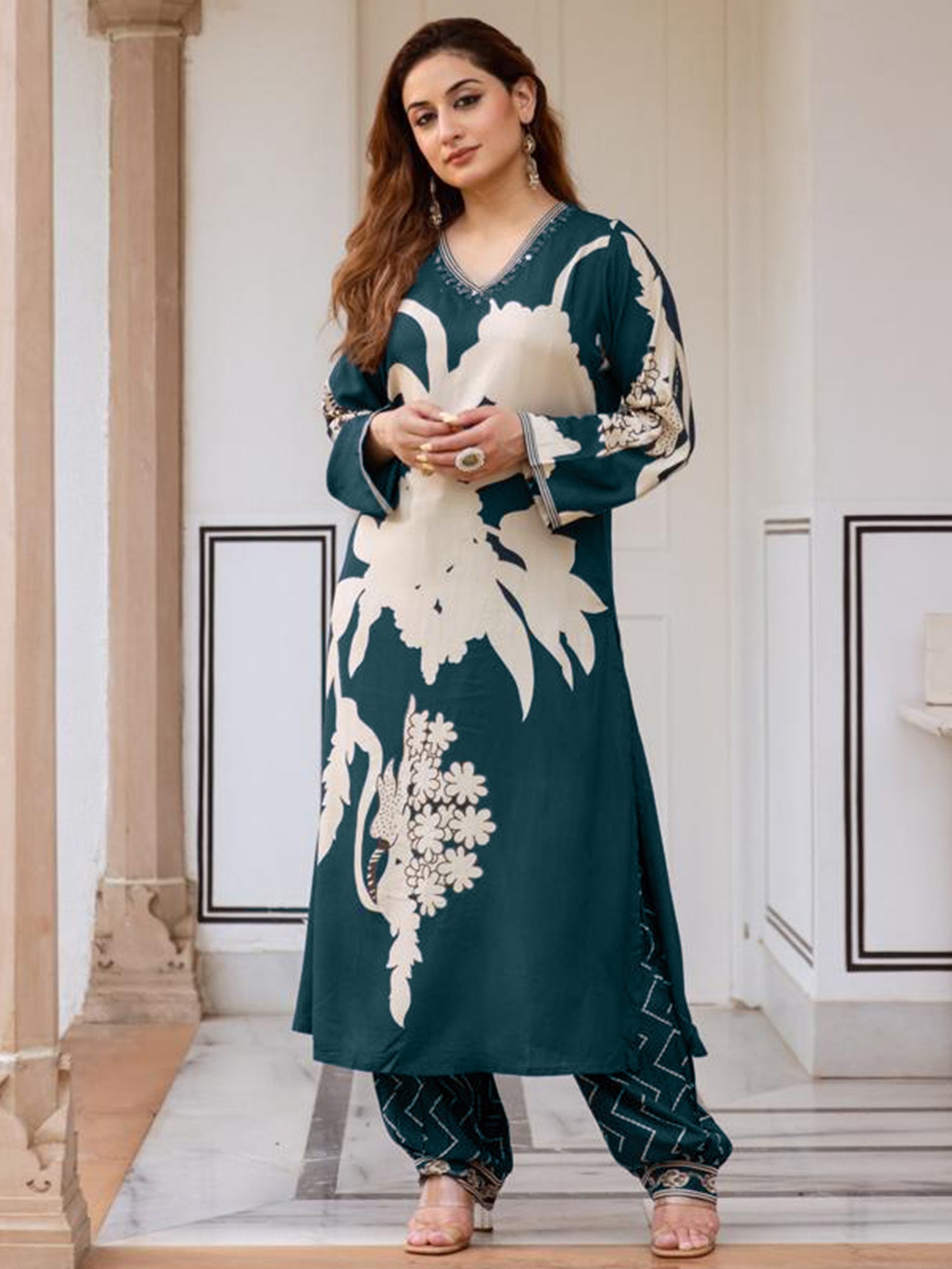 Indo Era Teal Printed A-Line Kurta Salwar set