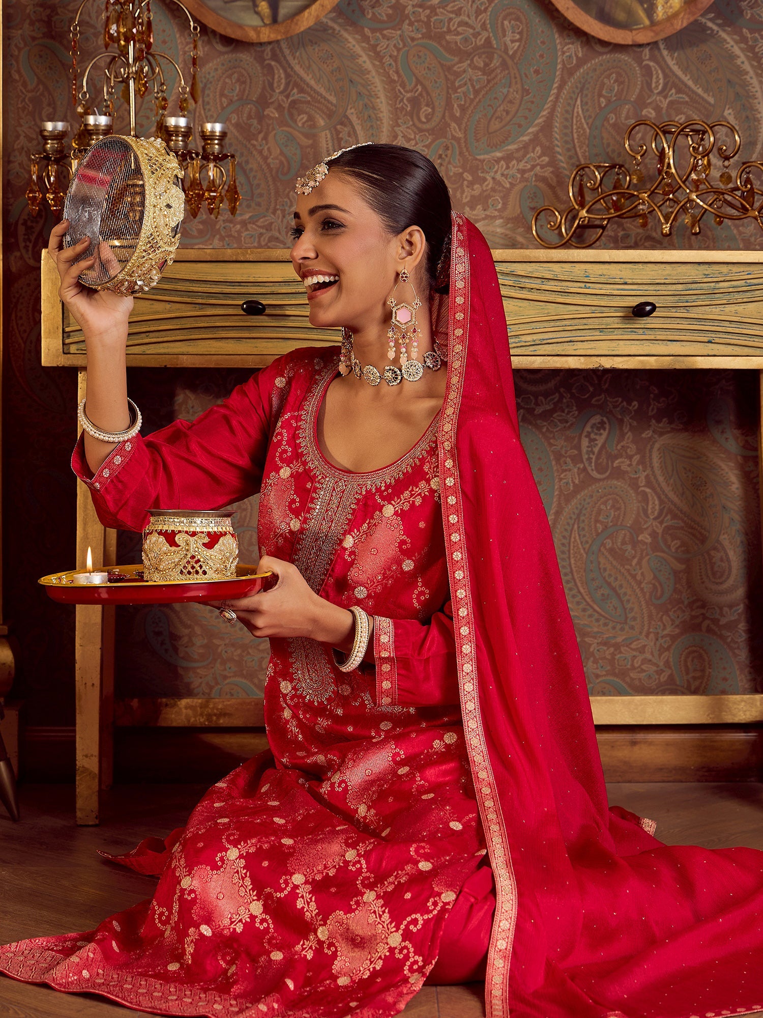 Indo Era Magenta Embroidered Straight Kurta Trousers With Dupatta set