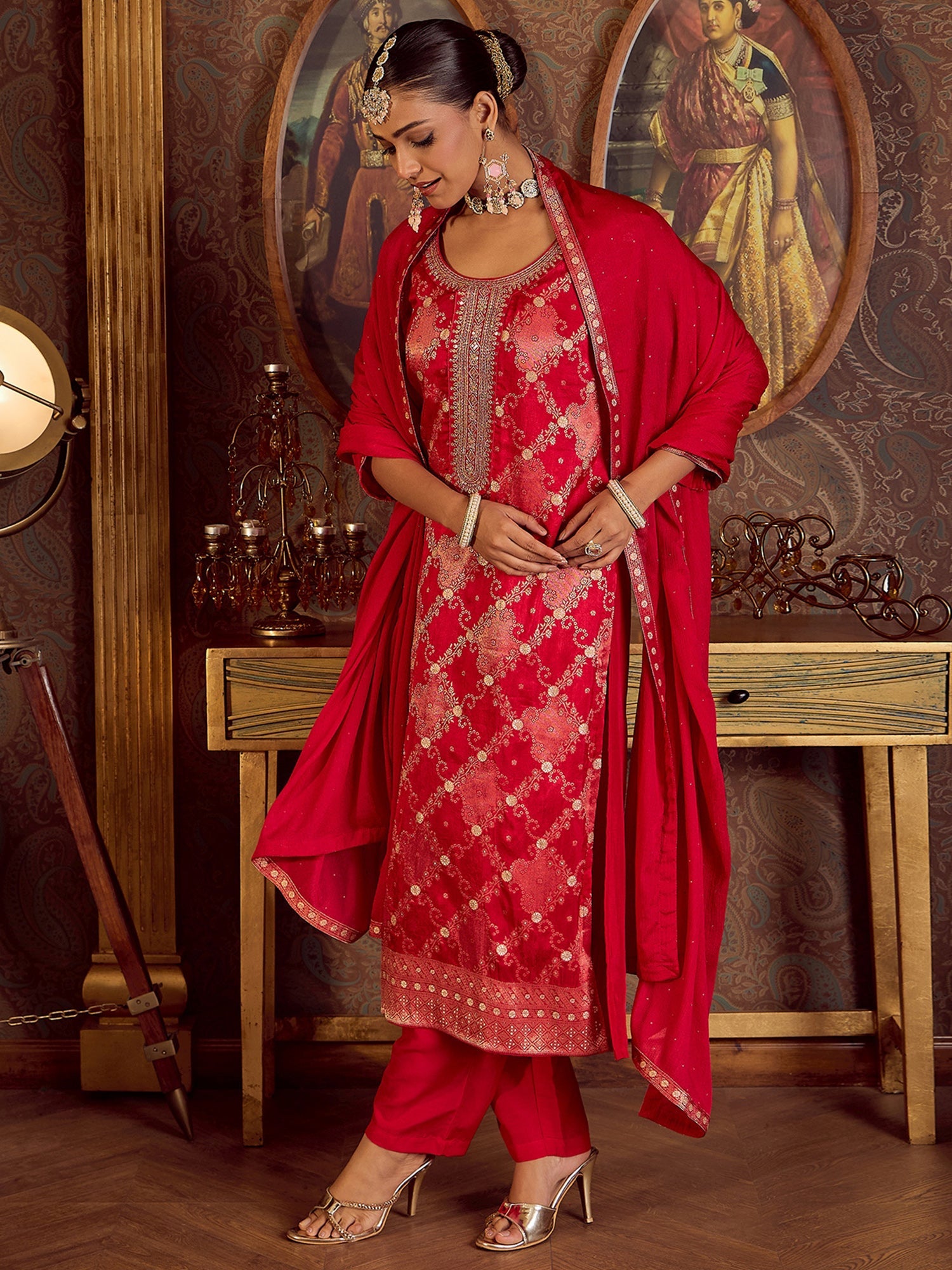 Indo Era Magenta Embroidered Straight Kurta Trousers With Dupatta set