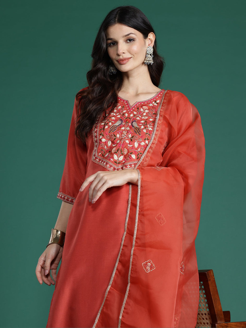 Indo Era Orange Embroidered Straight Kurta Trousers With Dupatta Set