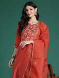 Indo Era Orange Embroidered Straight Kurta Trousers With Dupatta Set