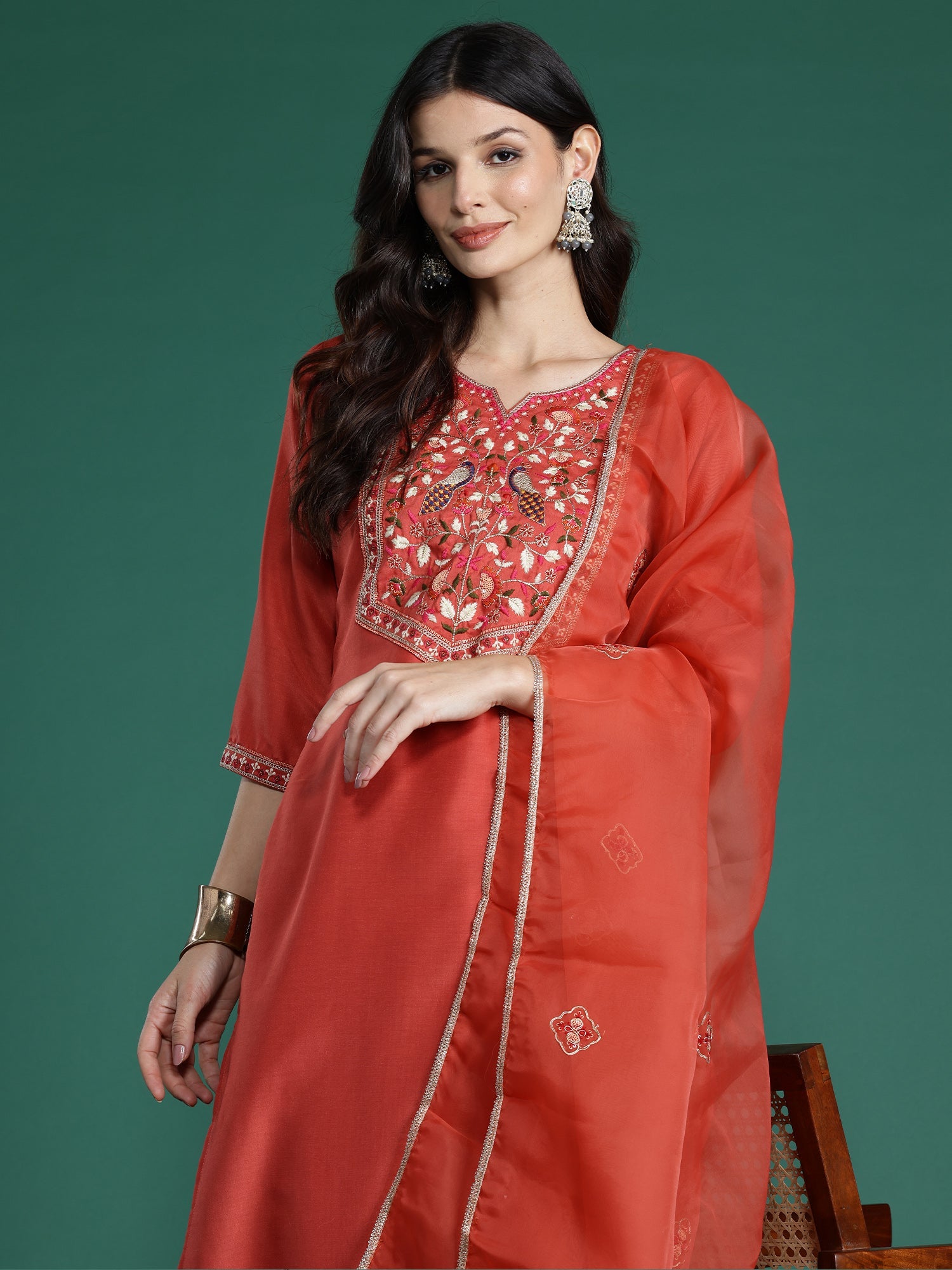 Indo Era Orange Embroidered Straight Kurta Trousers With Dupatta Set