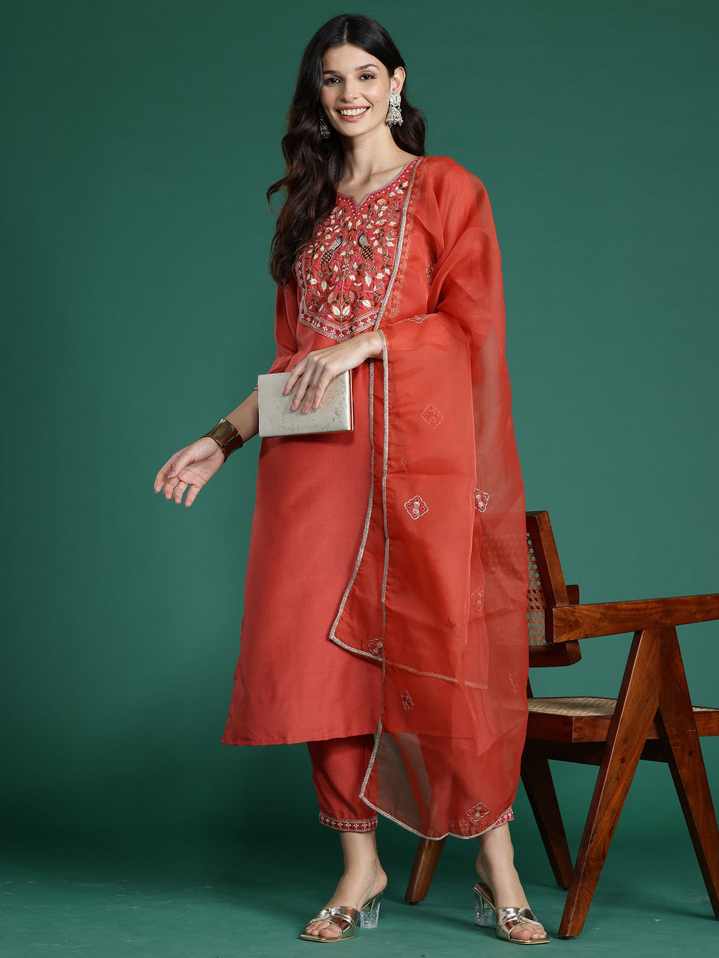 Indo Era Orange Embroidered Straight Kurta Trousers With Dupatta Set