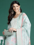 Indo Era Sea Green Printed Straight Kurta Trousers With Dupatta Set