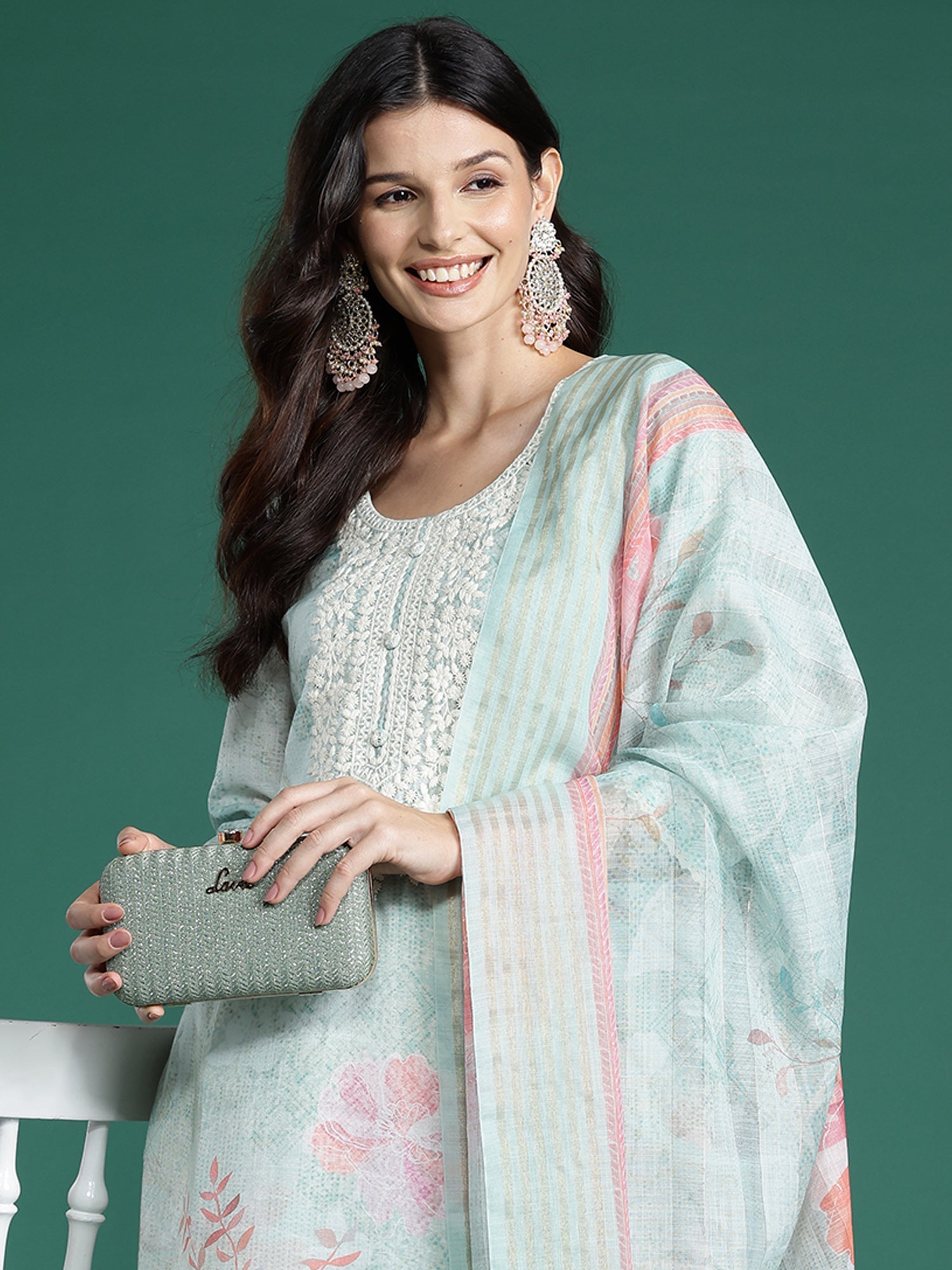 Indo Era Sea Green Printed Straight Kurta Trousers With Dupatta Set