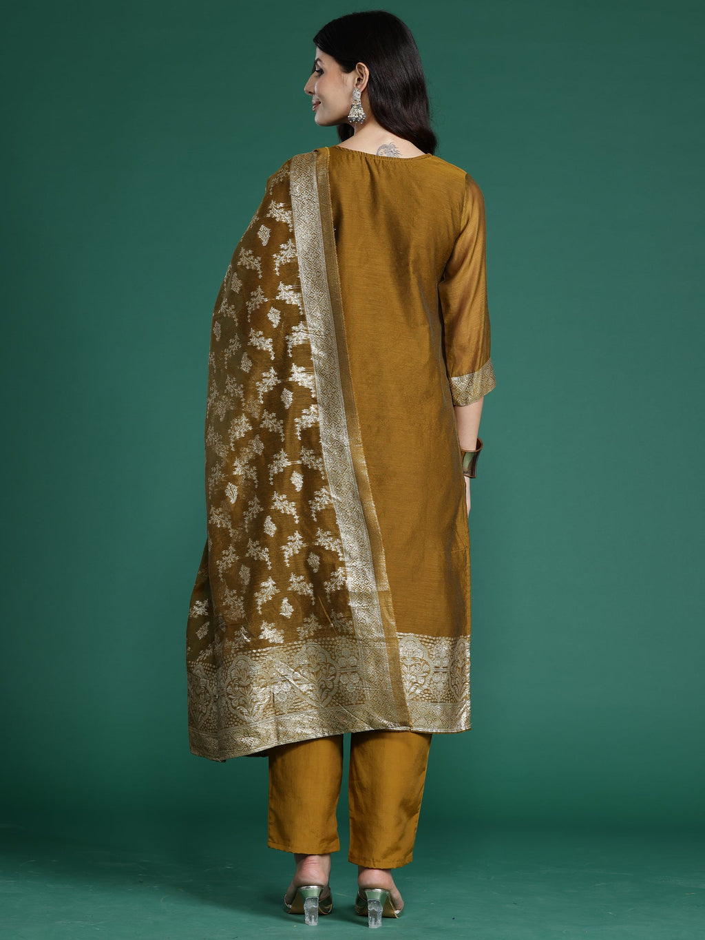 Indo Era Mustard Woven Design Straight Kurta Trousers With Dupatta Set