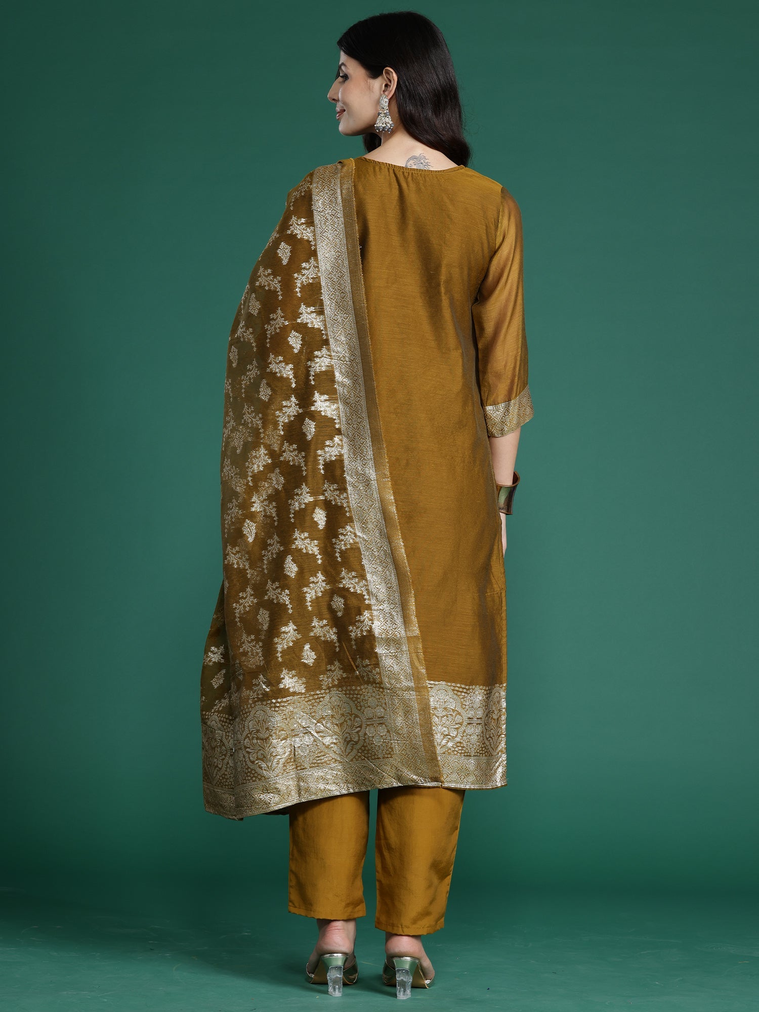 Indo Era Mustard Woven Design Straight Kurta Trousers With Dupatta Set