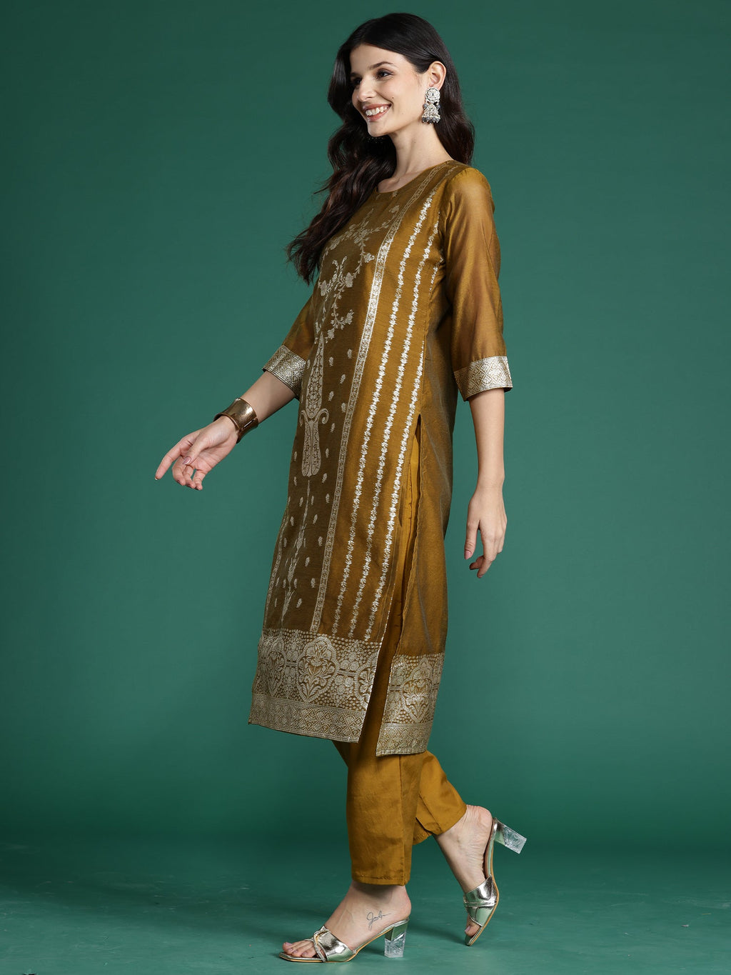 Indo Era Mustard Woven Design Straight Kurta Trousers With Dupatta Set