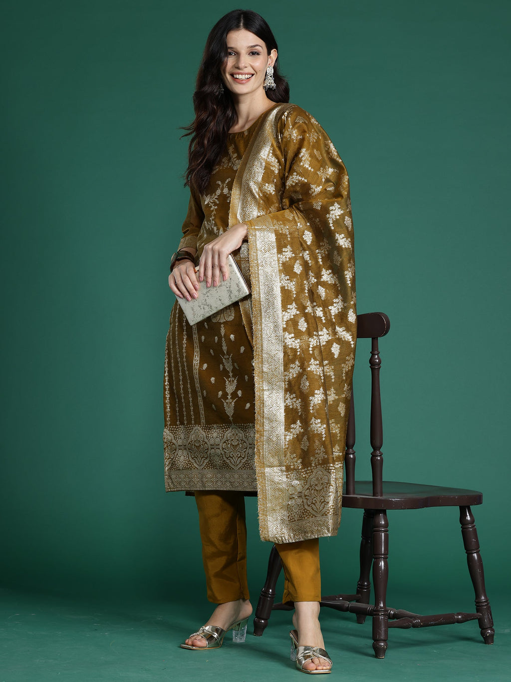 Indo Era Mustard Woven Design Straight Kurta Trousers With Dupatta Set