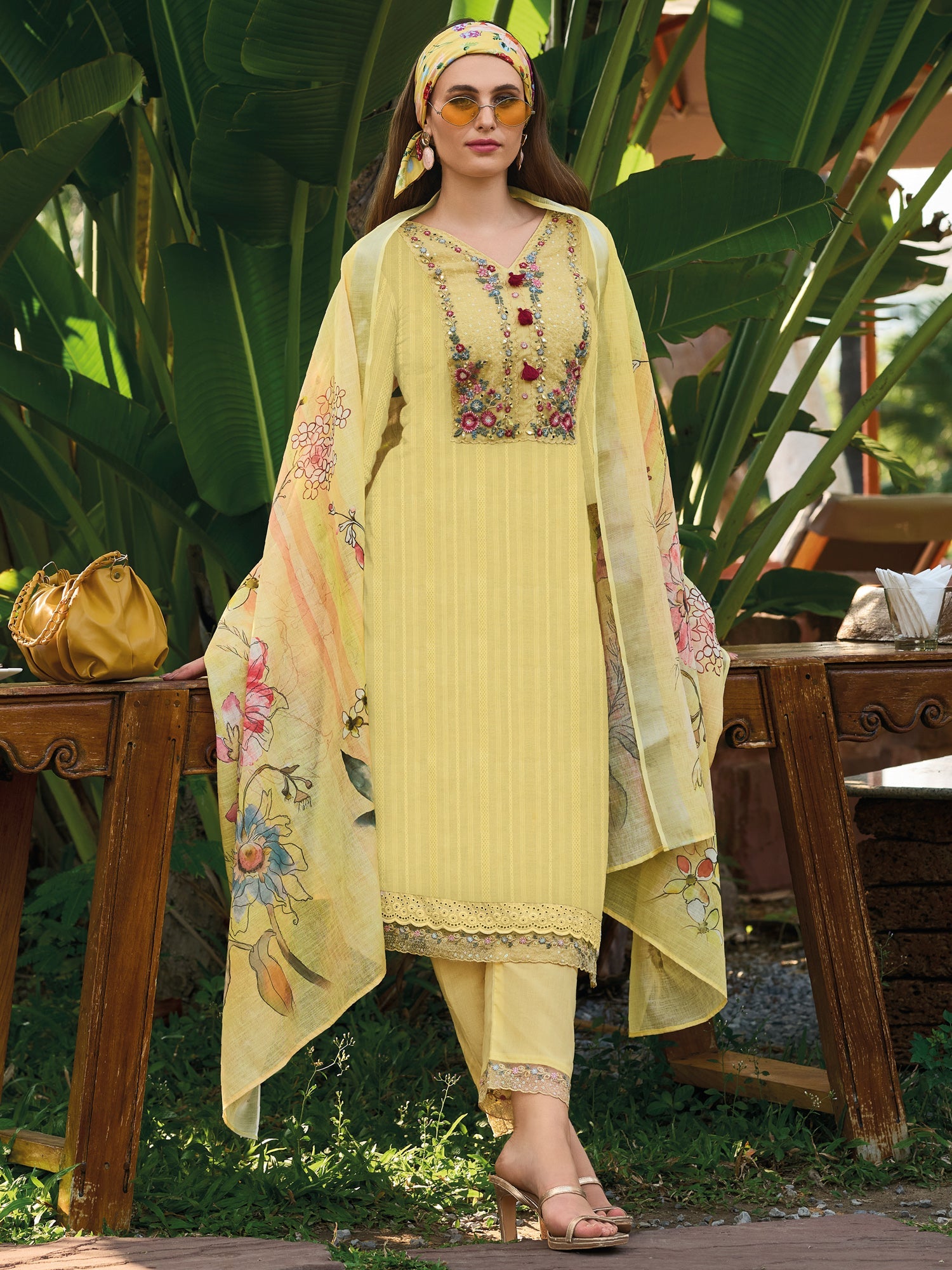 Indo Era Yellow Embroidered Straight Kurta Trousers With Dupatta set