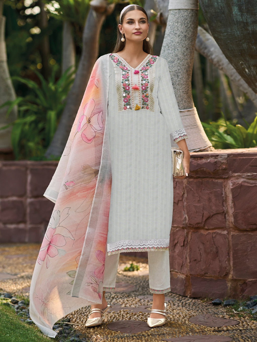 Indo Era Off White Embroidered Straight Kurta Trousers With Dupatta set