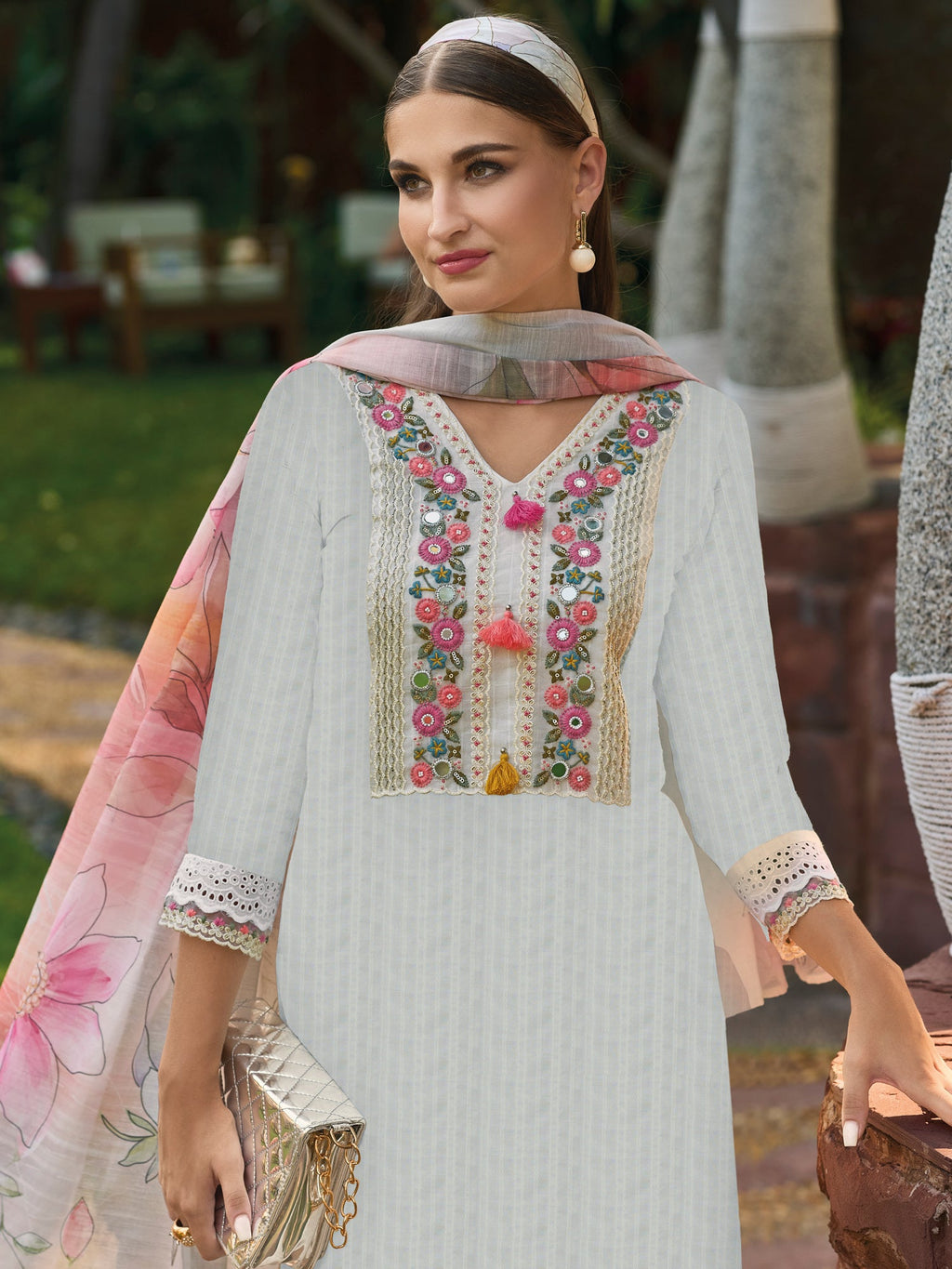 Indo Era Off White Embroidered Straight Kurta Trousers With Dupatta set