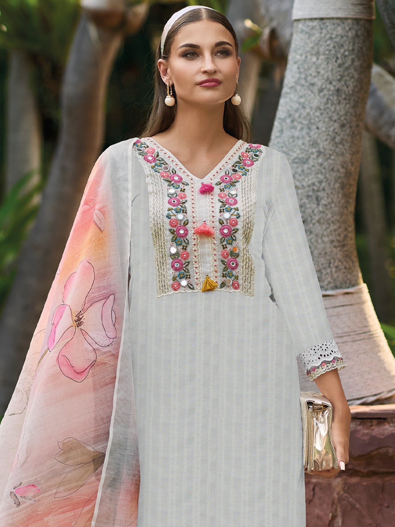 Indo Era Off White Embroidered Straight Kurta Trousers With Dupatta set