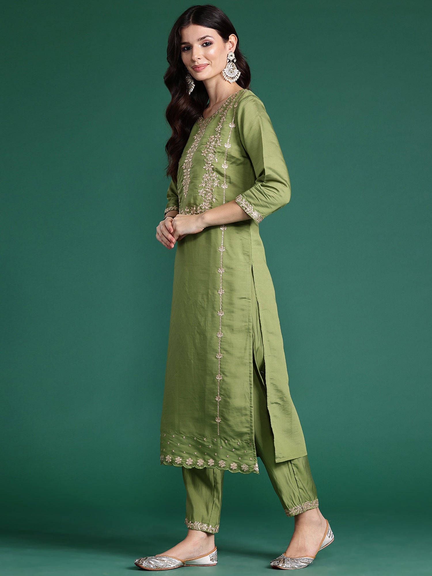 Indo Era Green Embroidered Straight Kurta Trousers With Dupatta set