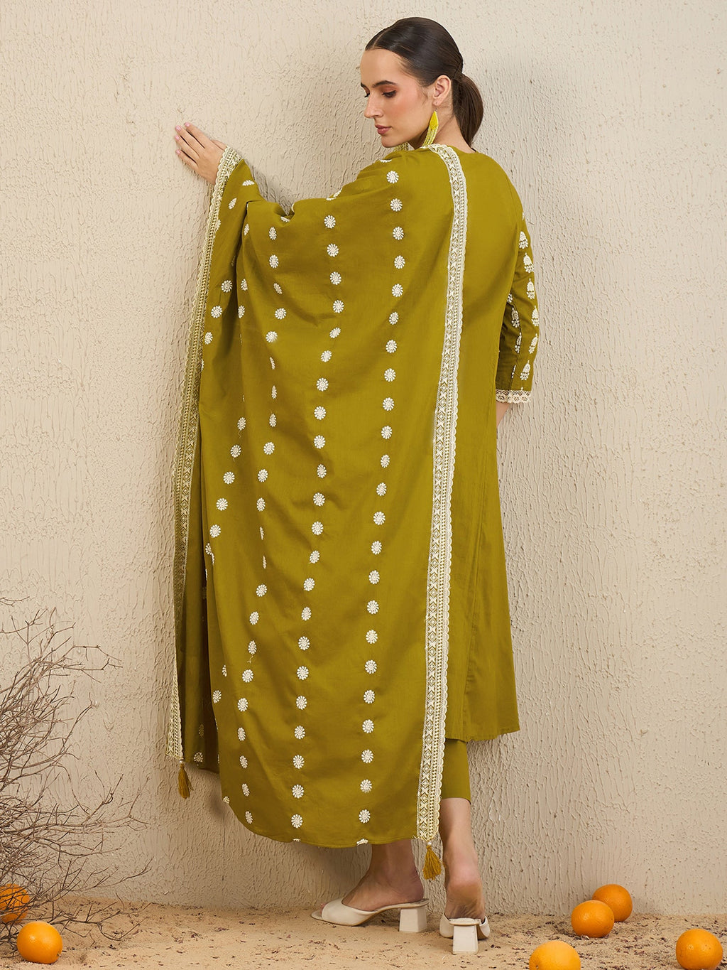 Indo Era Green Embroidered A-Line Kurta Trousers With Dupatta set
