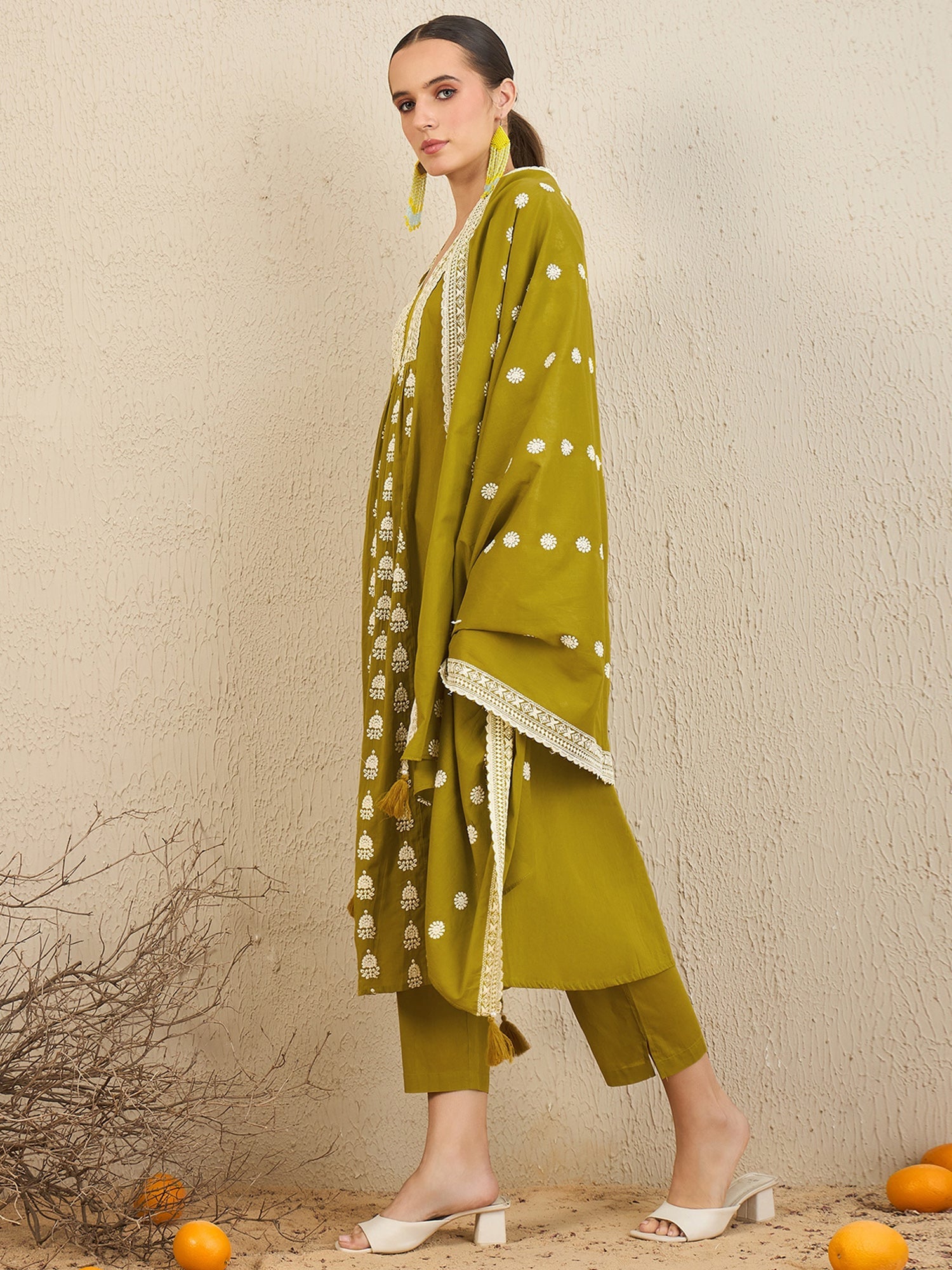 Indo Era Green Embroidered A-Line Kurta Trousers With Dupatta set