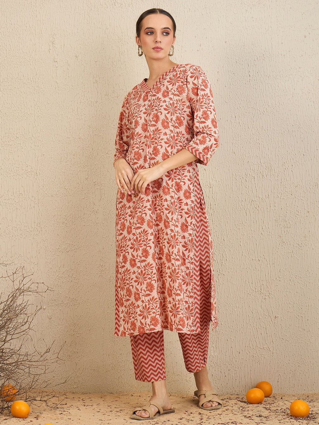Indo Era Rust Printed Straight Kurta Trousers With Dupatta set
