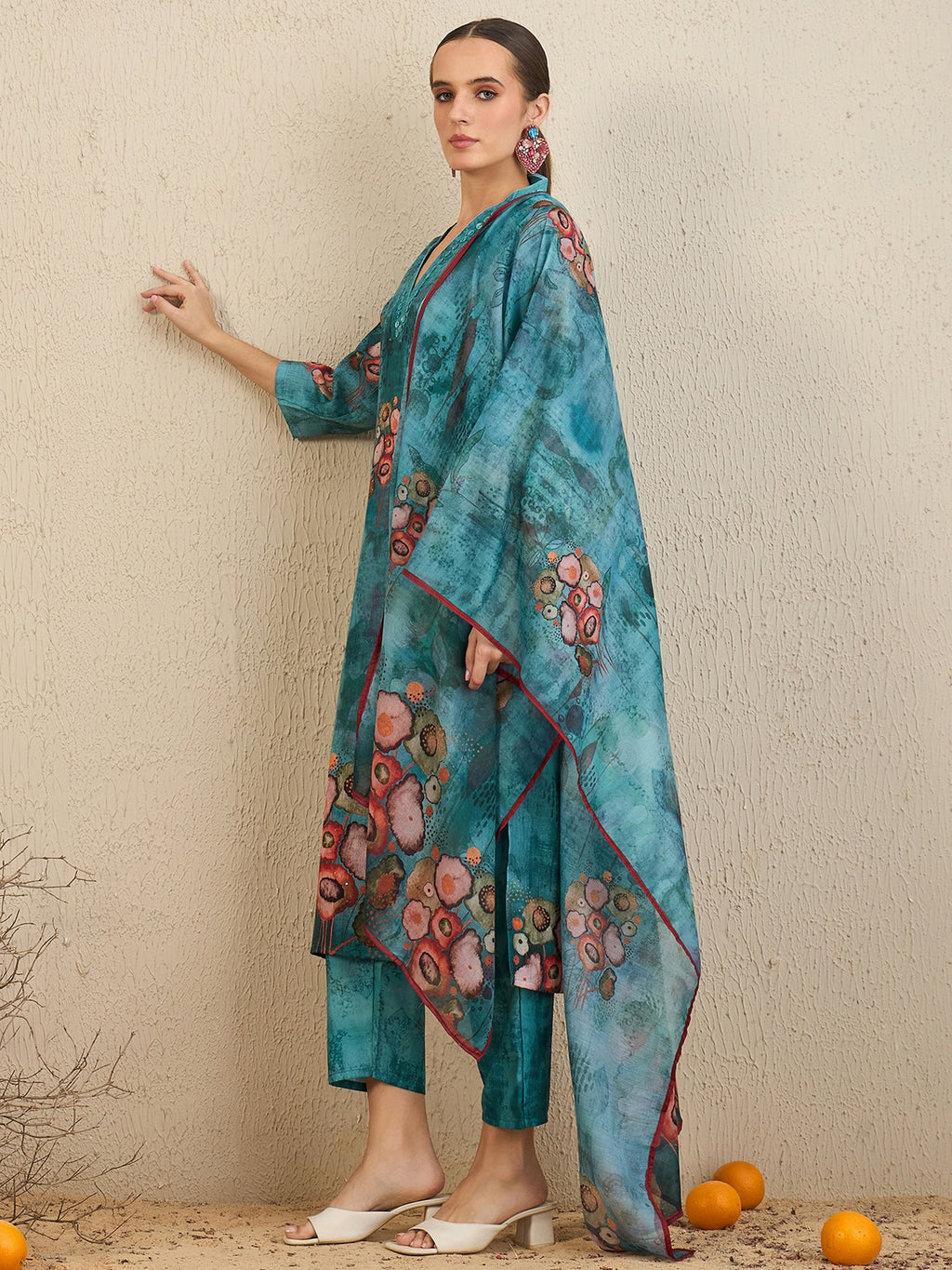 Indo Era Green Printed Straight Kurta Trousers With Dupatta Set