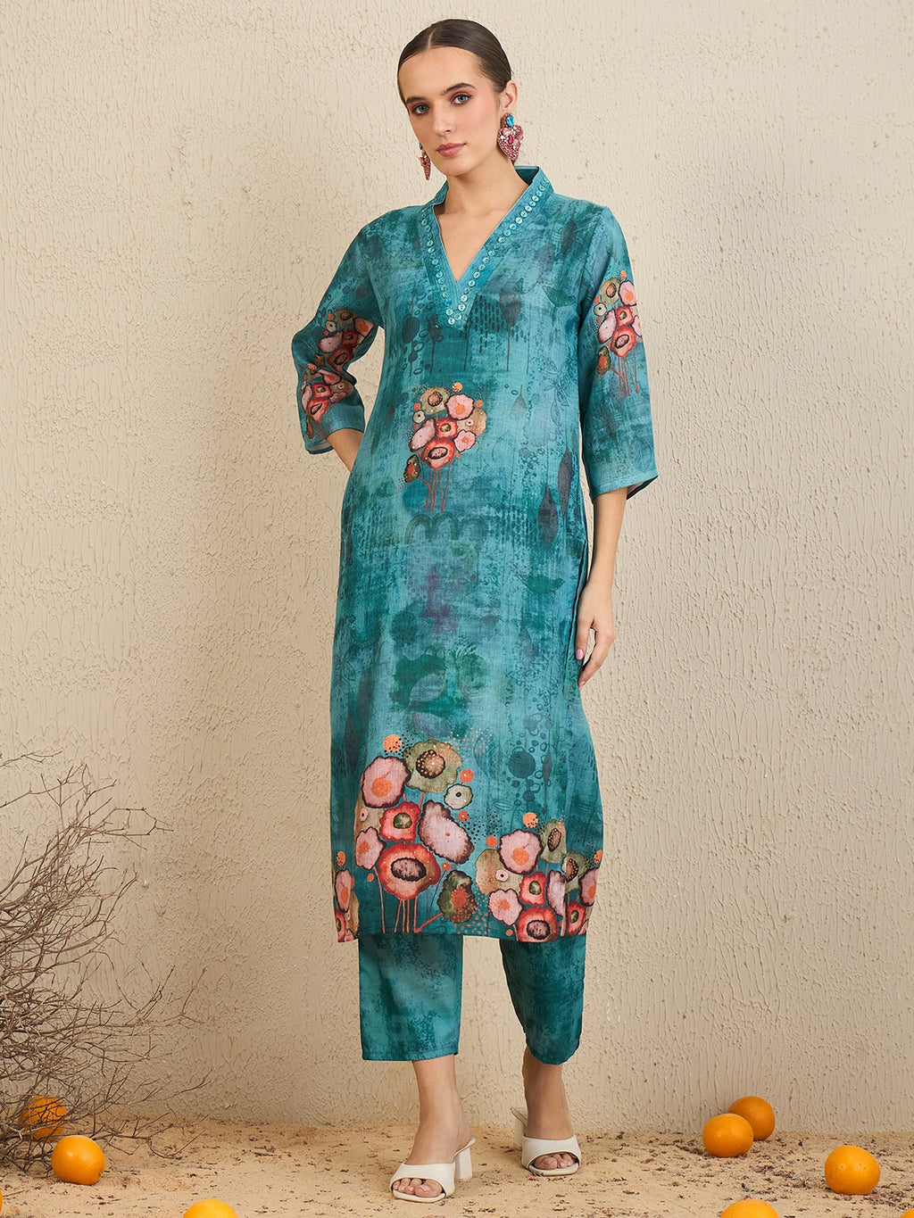 Indo Era Green Printed Straight Kurta Trousers With Dupatta Set