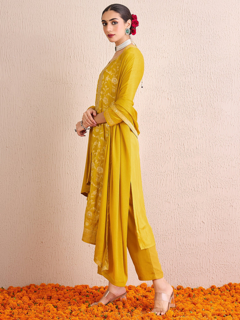 Indo Era Yellow Embroidered Straight Kurta Trousers With Dupatta set