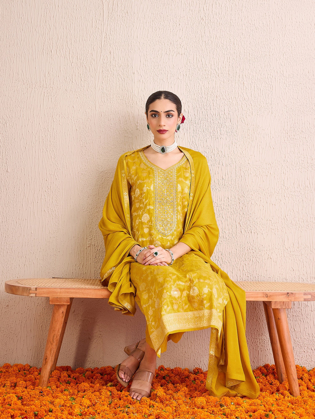 Indo Era Yellow Embroidered Straight Kurta Trousers With Dupatta set