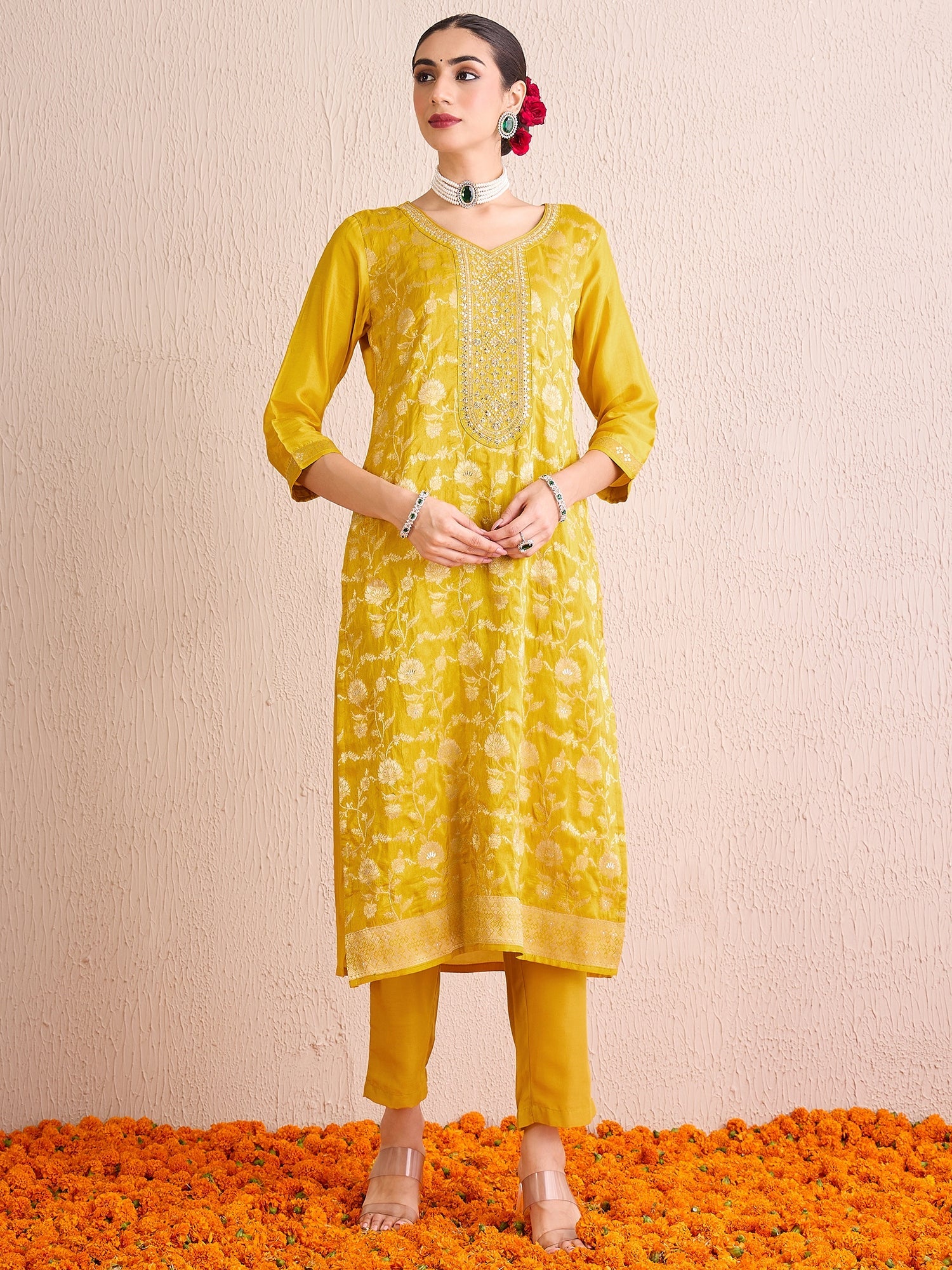 Indo Era Yellow Embroidered Straight Kurta Trousers With Dupatta set