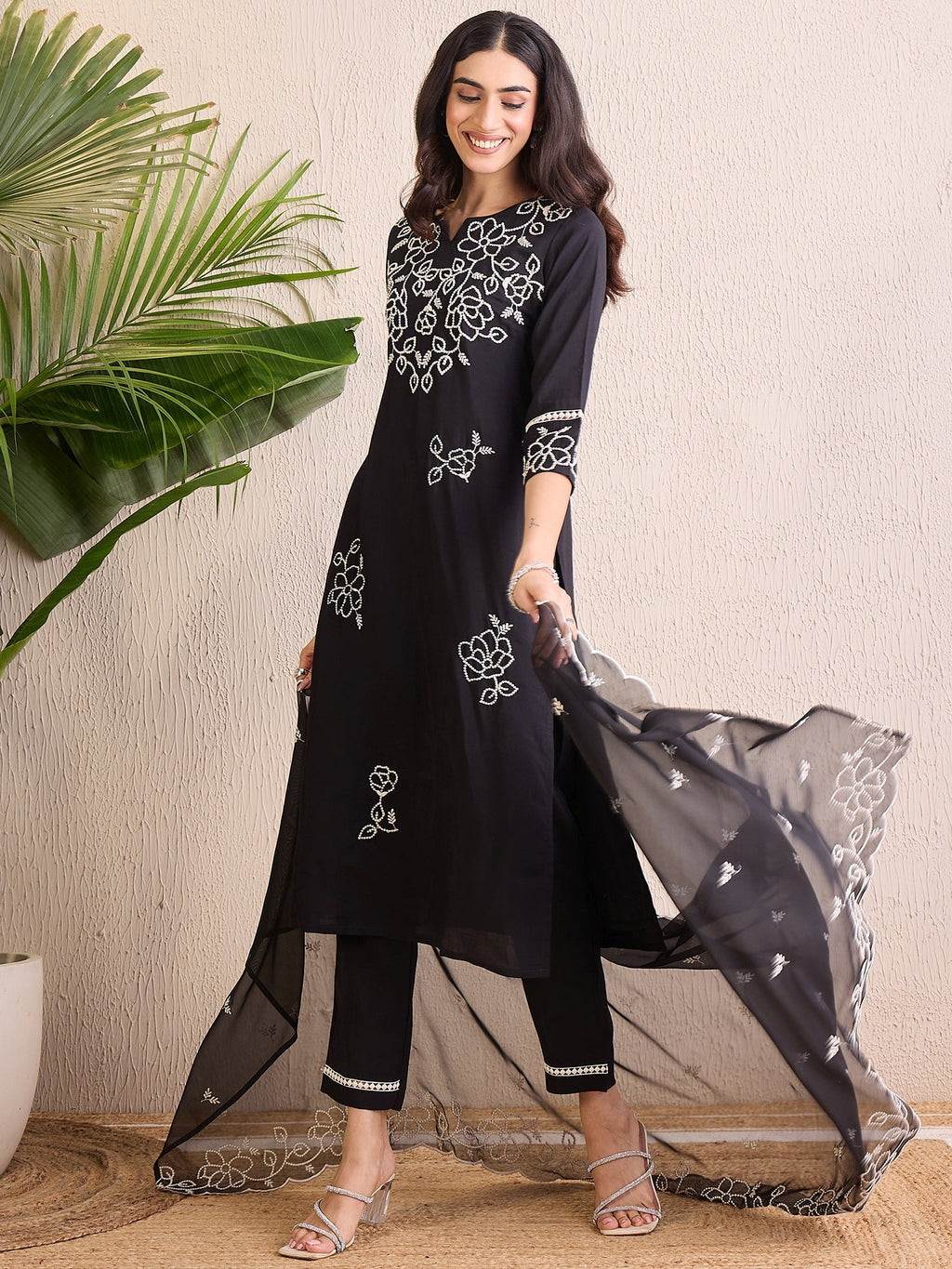 Indo Era Black Embroidered Straight Kurta Trousers With Dupatta Set