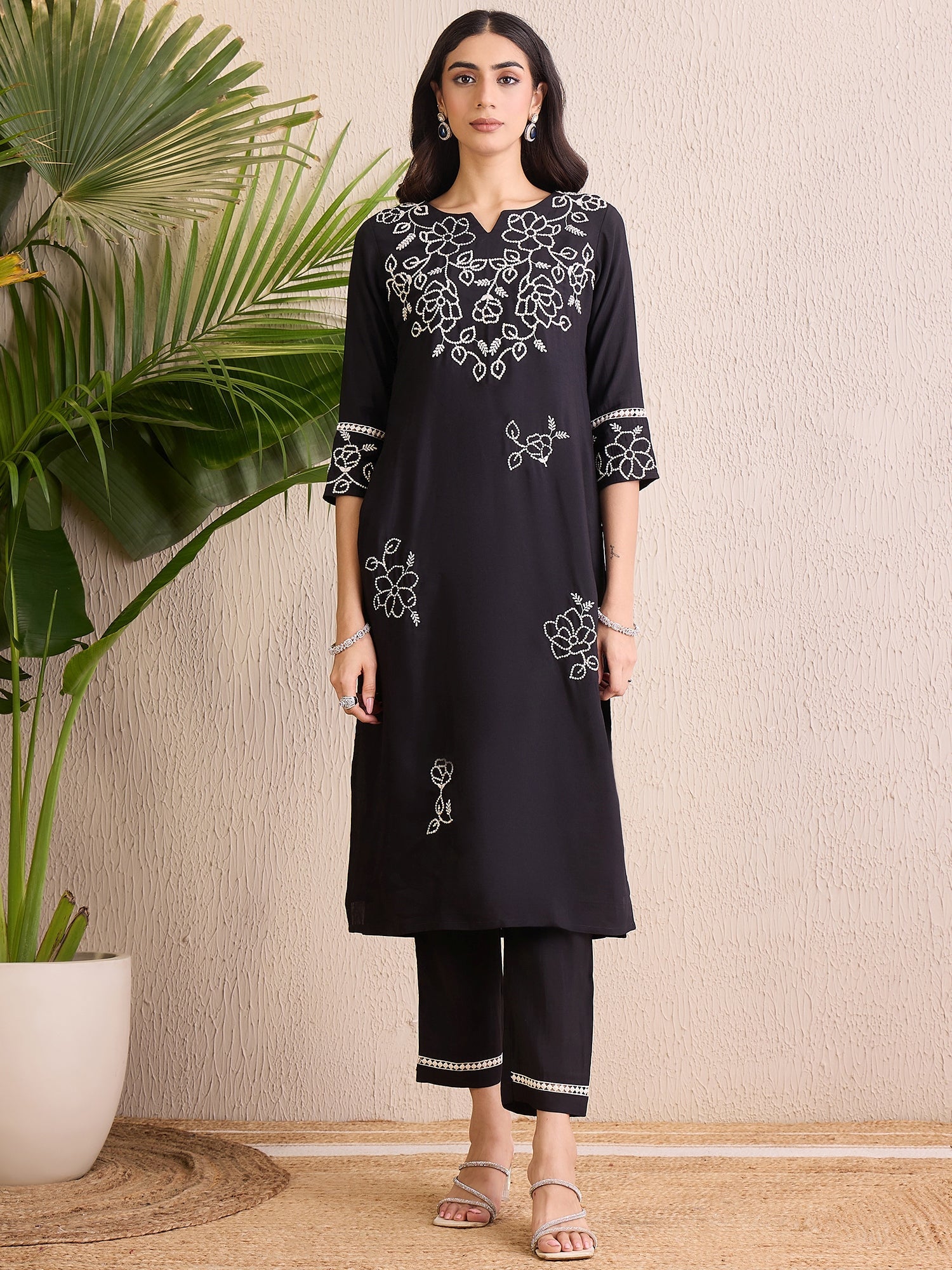 Indo Era Black Embroidered Straight Kurta Trousers With Dupatta Set